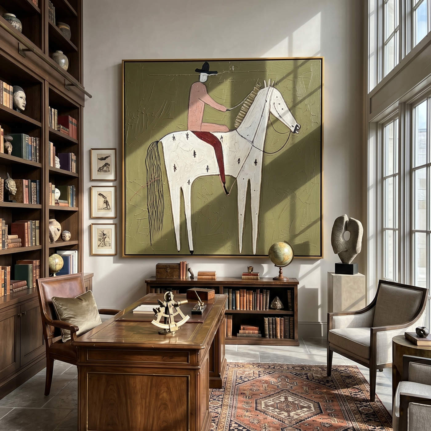 Pink Rider on Ivory — brown and gray modern figurative vintage americana art, set of 2 hand-painted canvas art – view 2