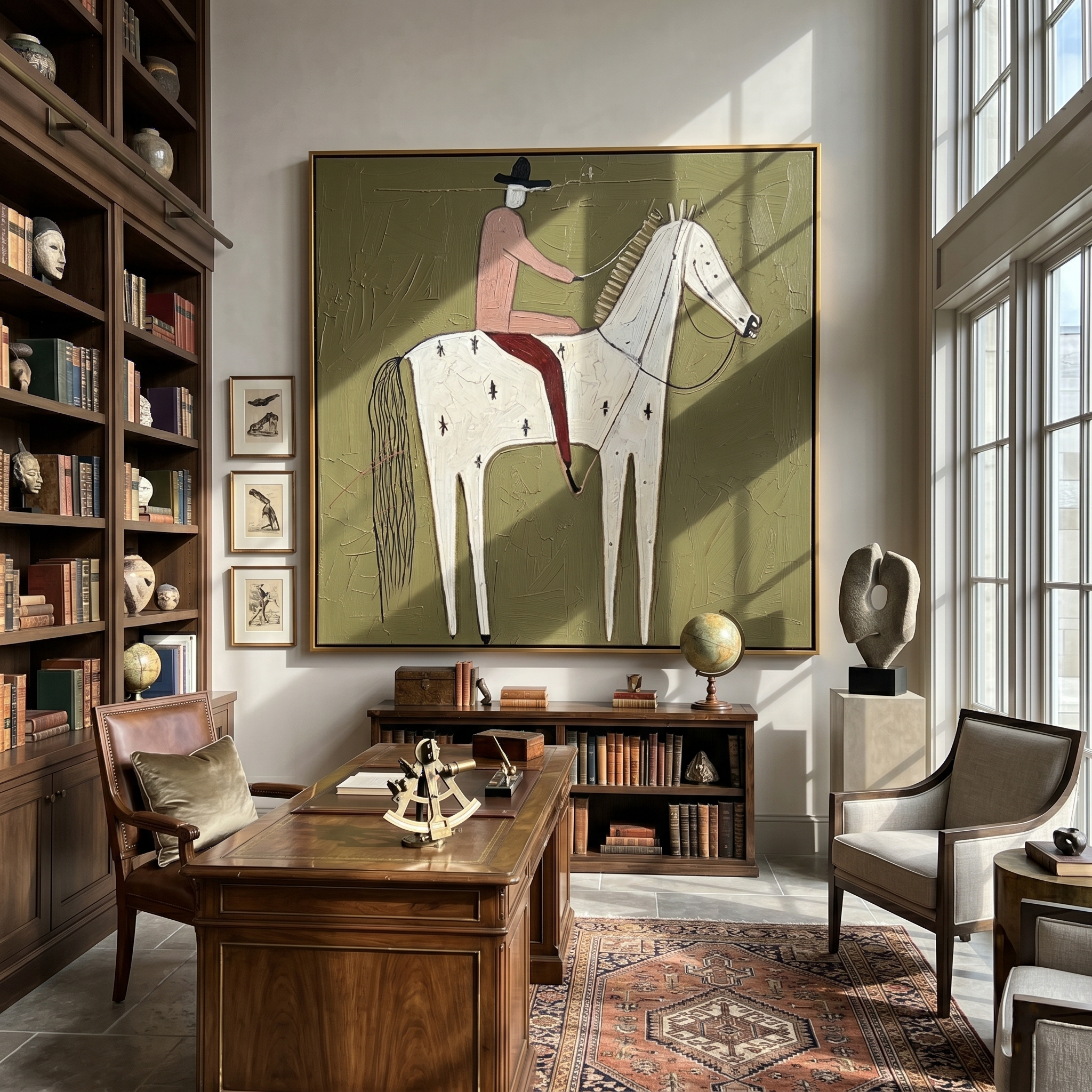 Pink Rider on Ivory — brown and gray modern figurative vintage americana art, set of 2 hand-painted canvas art – view 2