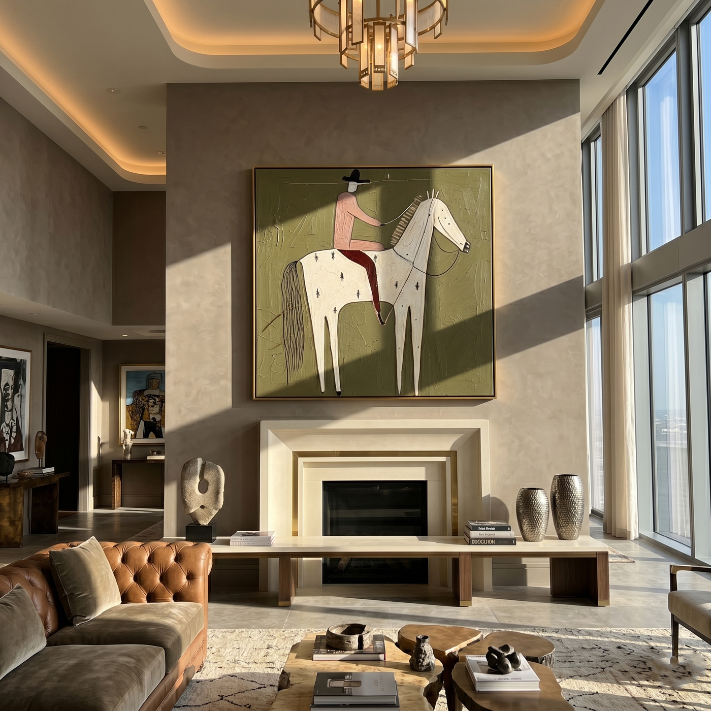 Pink Rider on Ivory — brown and gray modern figurative vintage americana art, set of 2 hand-painted canvas art – view 4