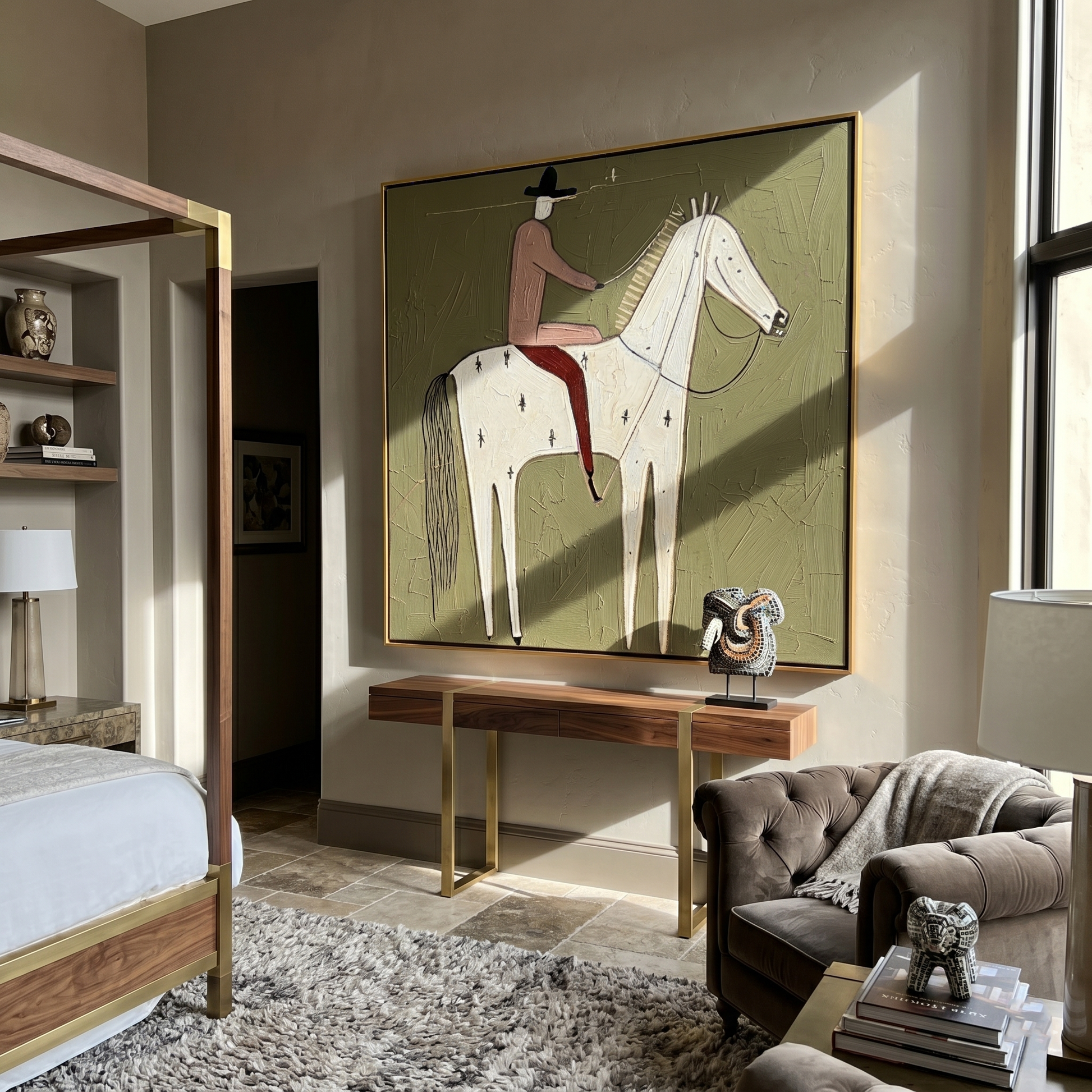 Pink Rider on Ivory — brown and gray modern figurative vintage americana art, set of 2 hand-painted canvas art – view 5
