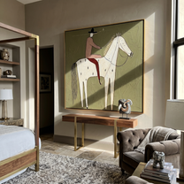 Pink Rider on Ivory — brown and gray modern figurative vintage americana art, set of 2 hand-painted canvas art – view 5