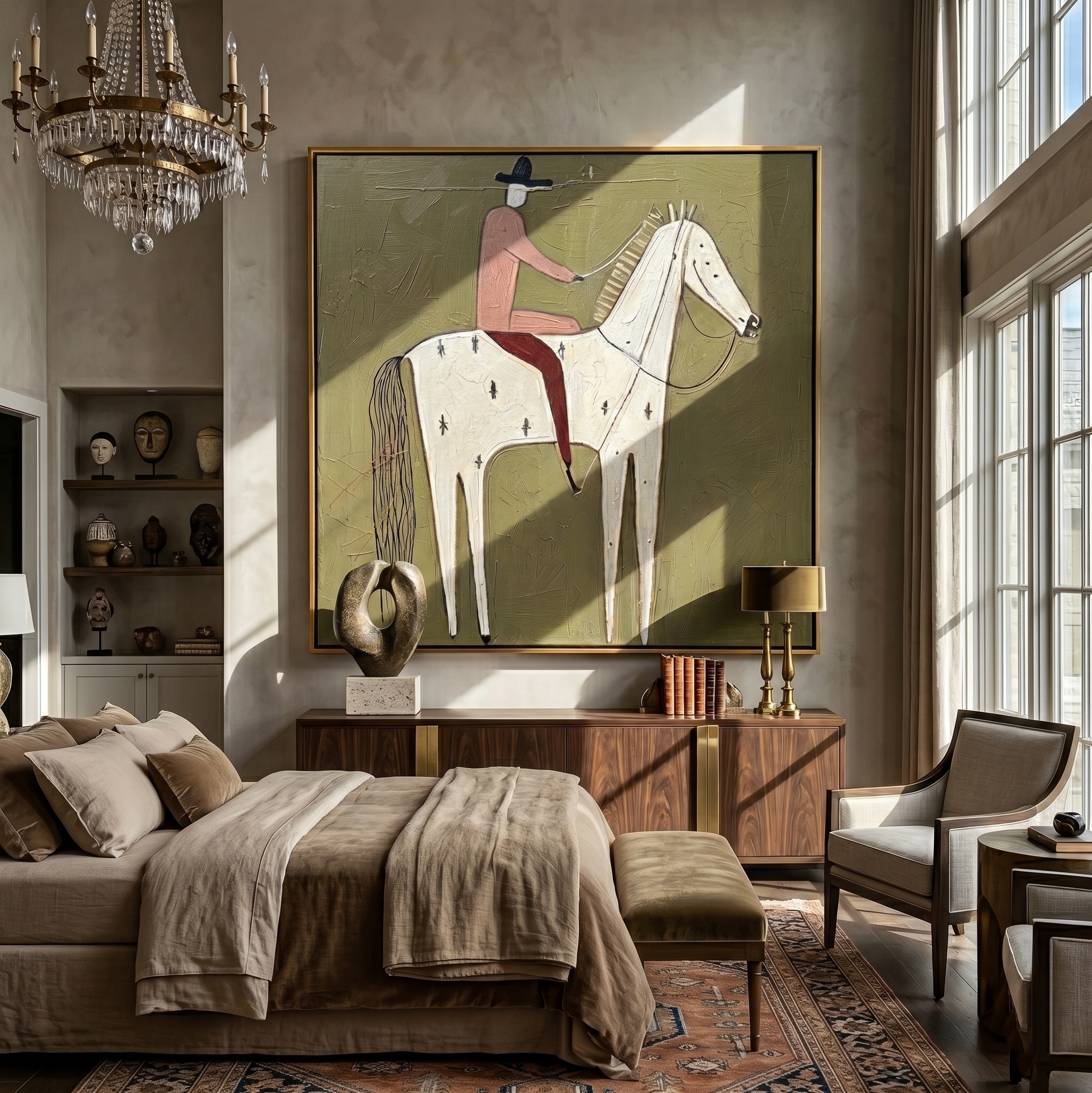 Pink Rider on Ivory — brown and gray modern figurative vintage americana art, set of 2 hand-painted canvas art – view 6