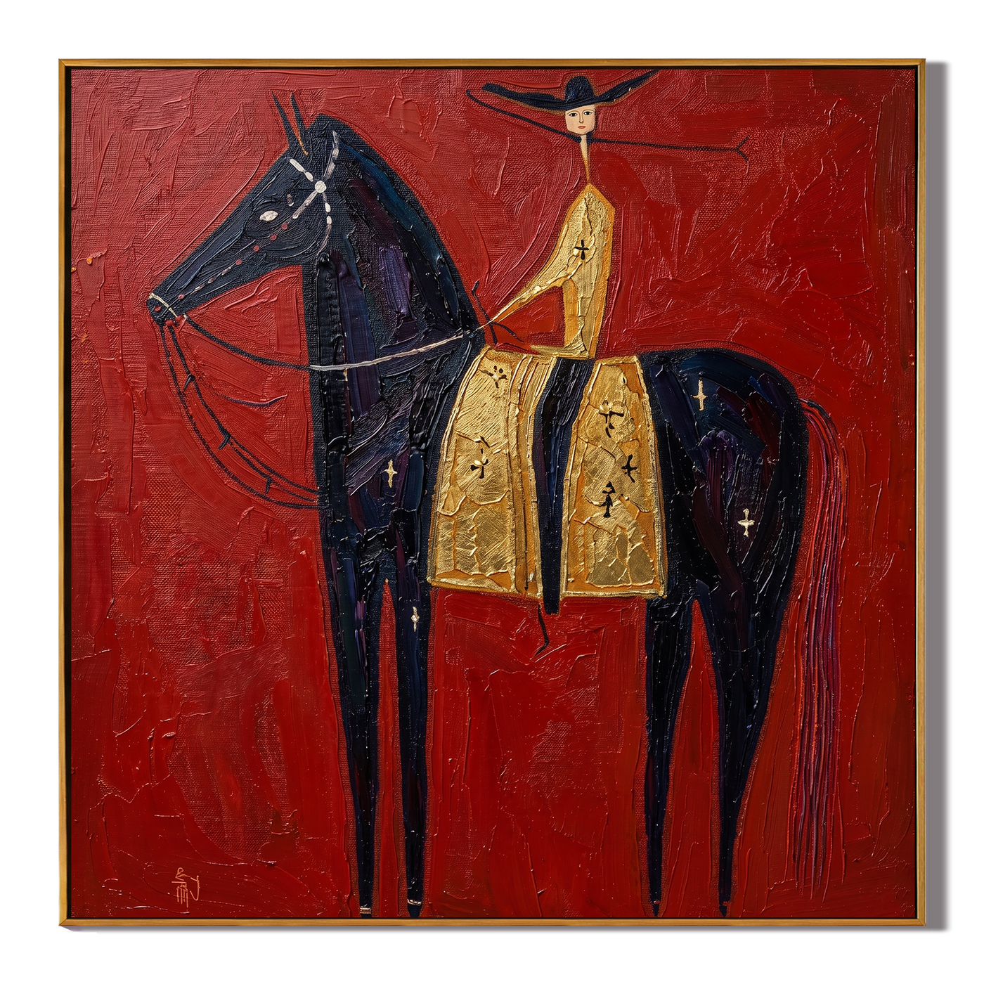 Gold Rider Crosses Red — brown and red and black modern figurative vintage americana art, set of 2 hand-painted canvas art – view 1