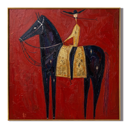 Gold Rider Crosses Red — brown and red and black modern figurative vintage americana art, set of 2 hand-painted canvas art – view 1