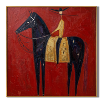 Gold Rider Crosses Red — brown and red and black modern figurative vintage americana art, set of 2 hand-painted canvas art – view 1