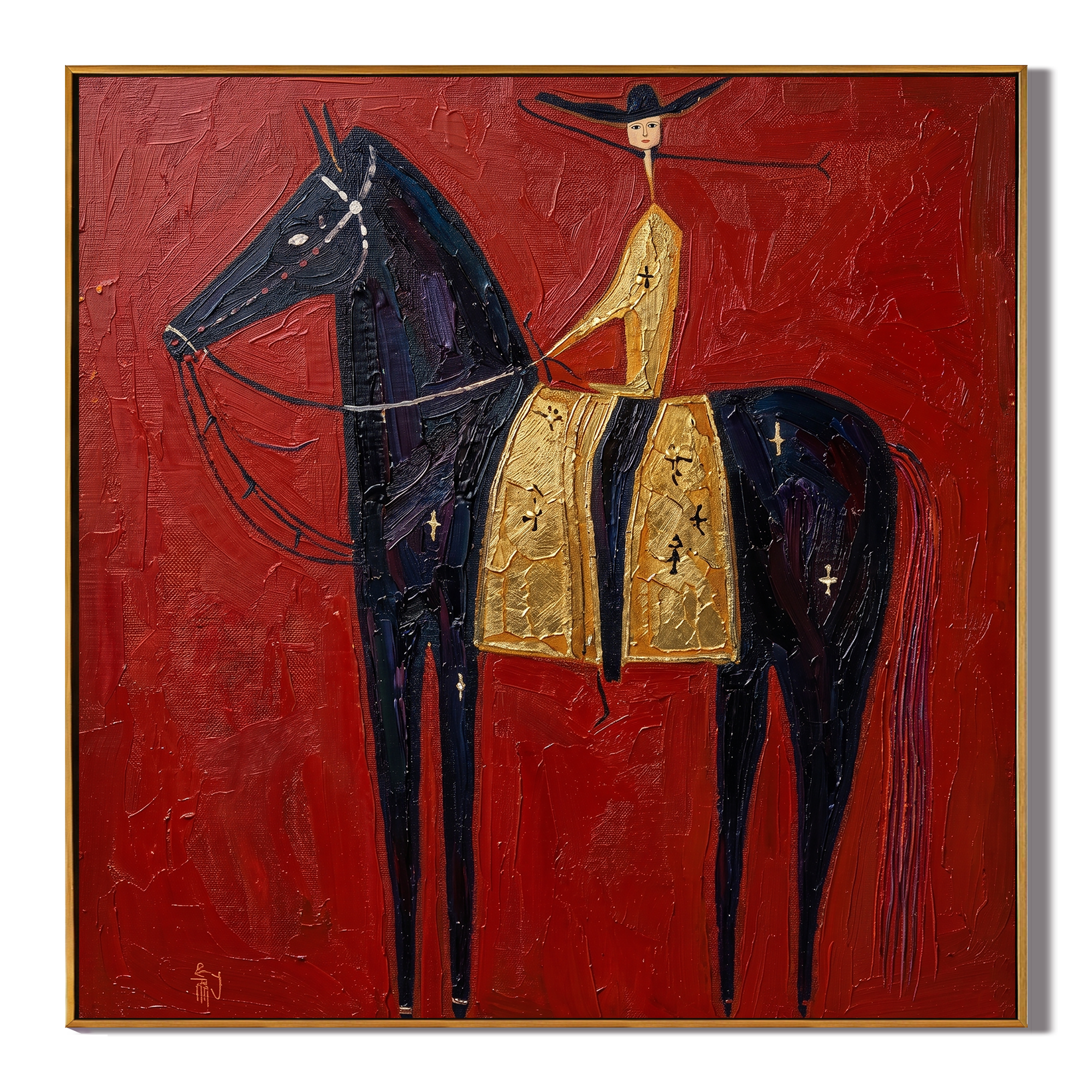 Gold Rider Crosses Red — brown and red and black modern figurative vintage americana art, set of 2 hand-painted canvas art – view 1