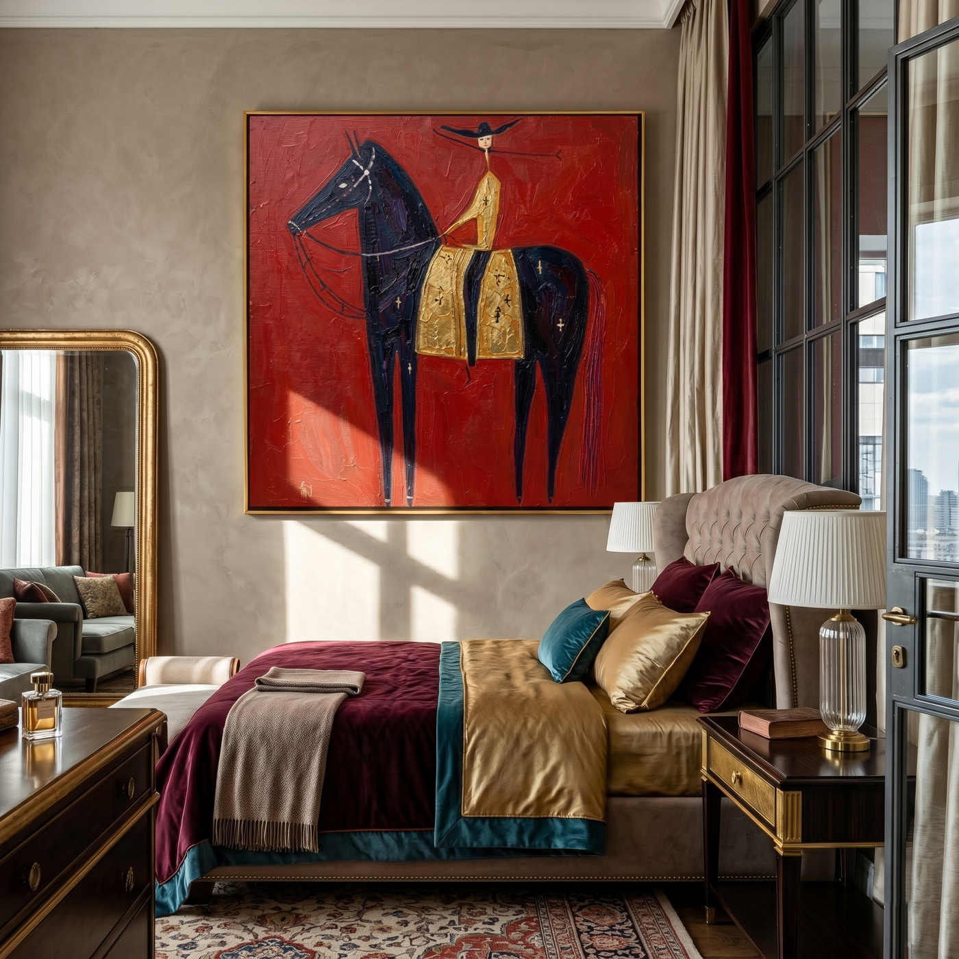 Gold Rider Crosses Red — brown and red and black modern figurative vintage americana art, set of 2 hand-painted canvas art – view 4
