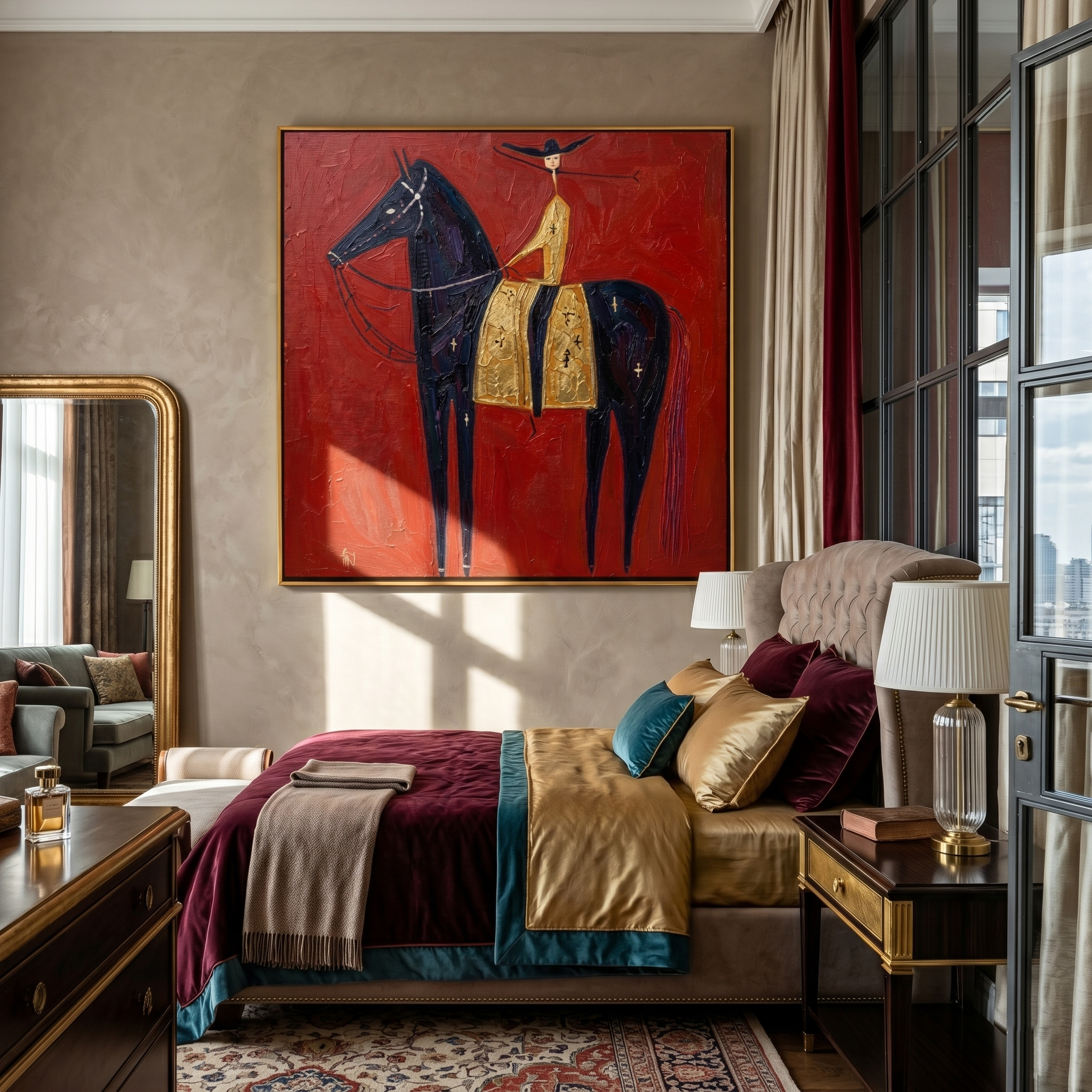 Gold Rider Crosses Red — brown and red and black modern figurative vintage americana art, set of 2 hand-painted canvas art – view 4