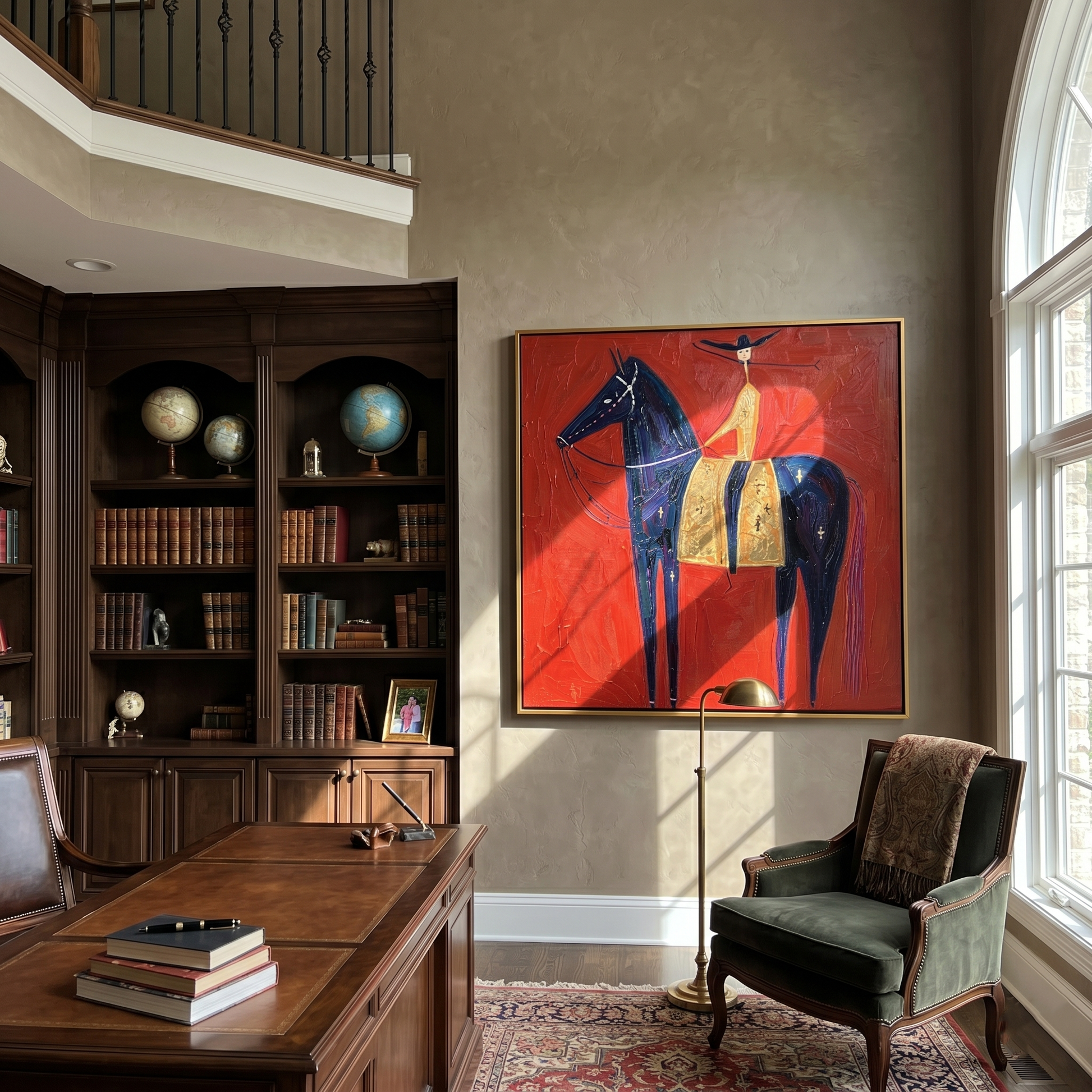 Gold Rider Crosses Red — brown and red and black modern figurative vintage americana art, set of 2 hand-painted canvas art – view 6