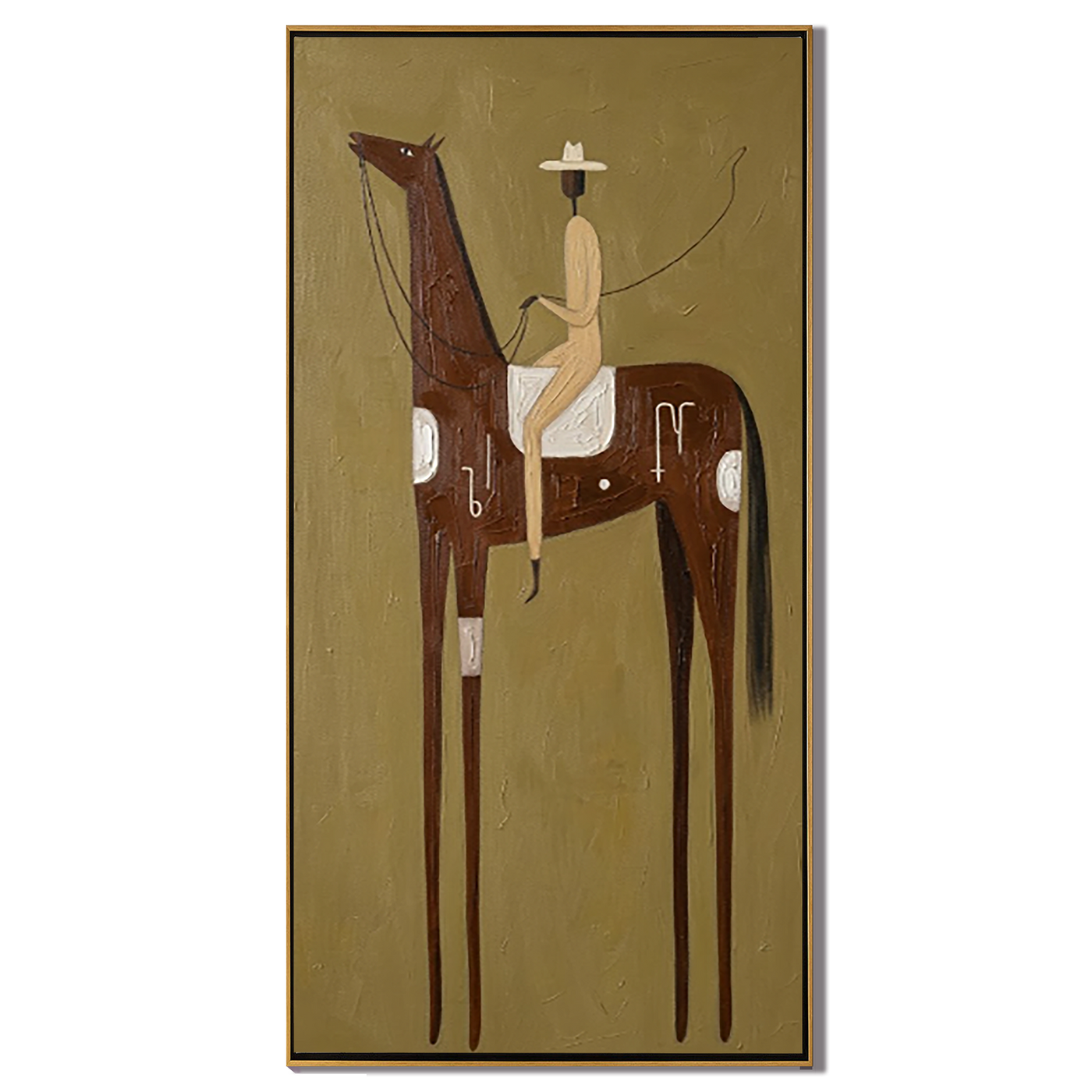 Pale Rider Counts Symbols — brown and gold modern figurative vintage americana art, set of 2 hand-painted canvas art – view 1
