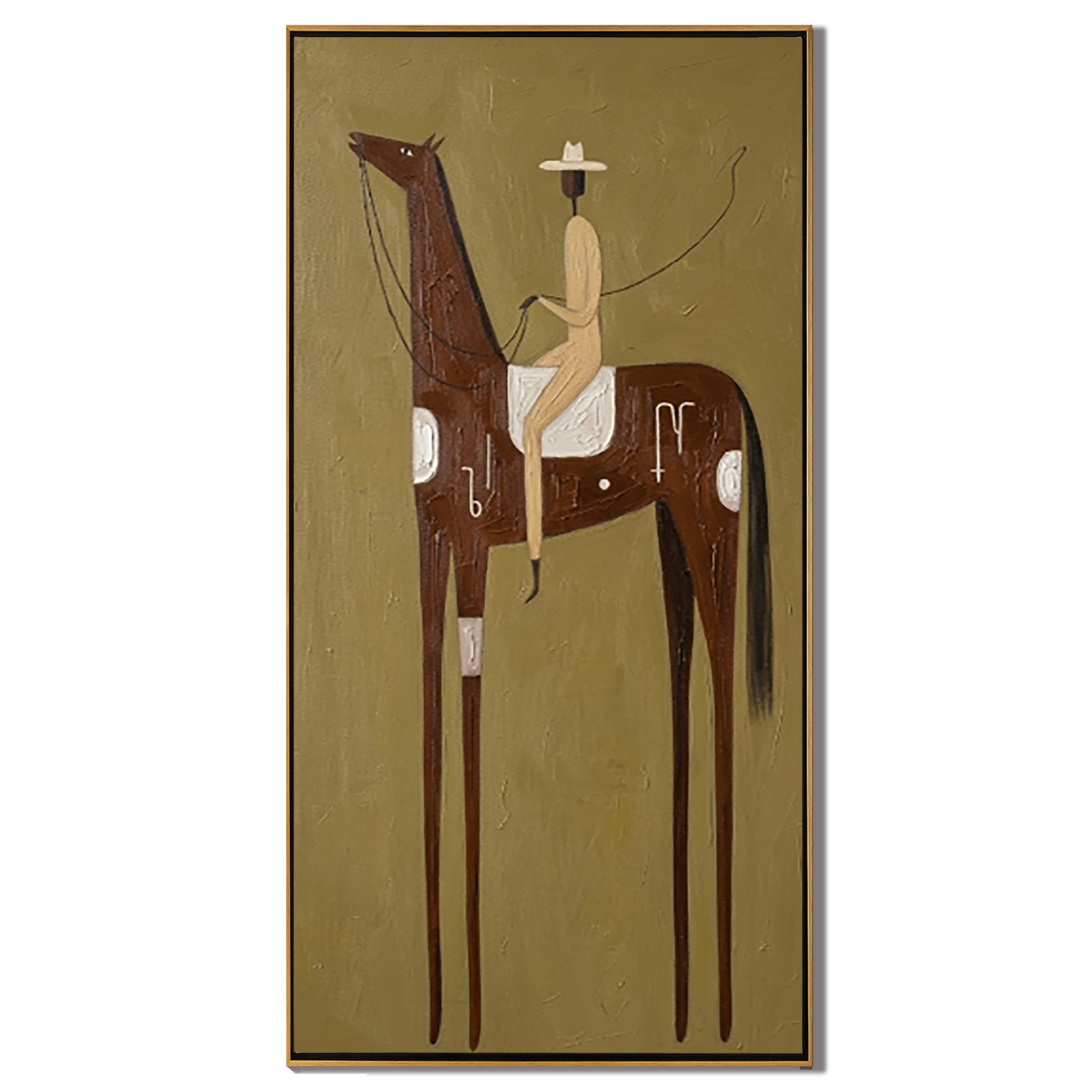 Pale Rider Counts Symbols — brown and gold modern figurative vintage americana art, set of 2 hand-painted canvas art – view 1