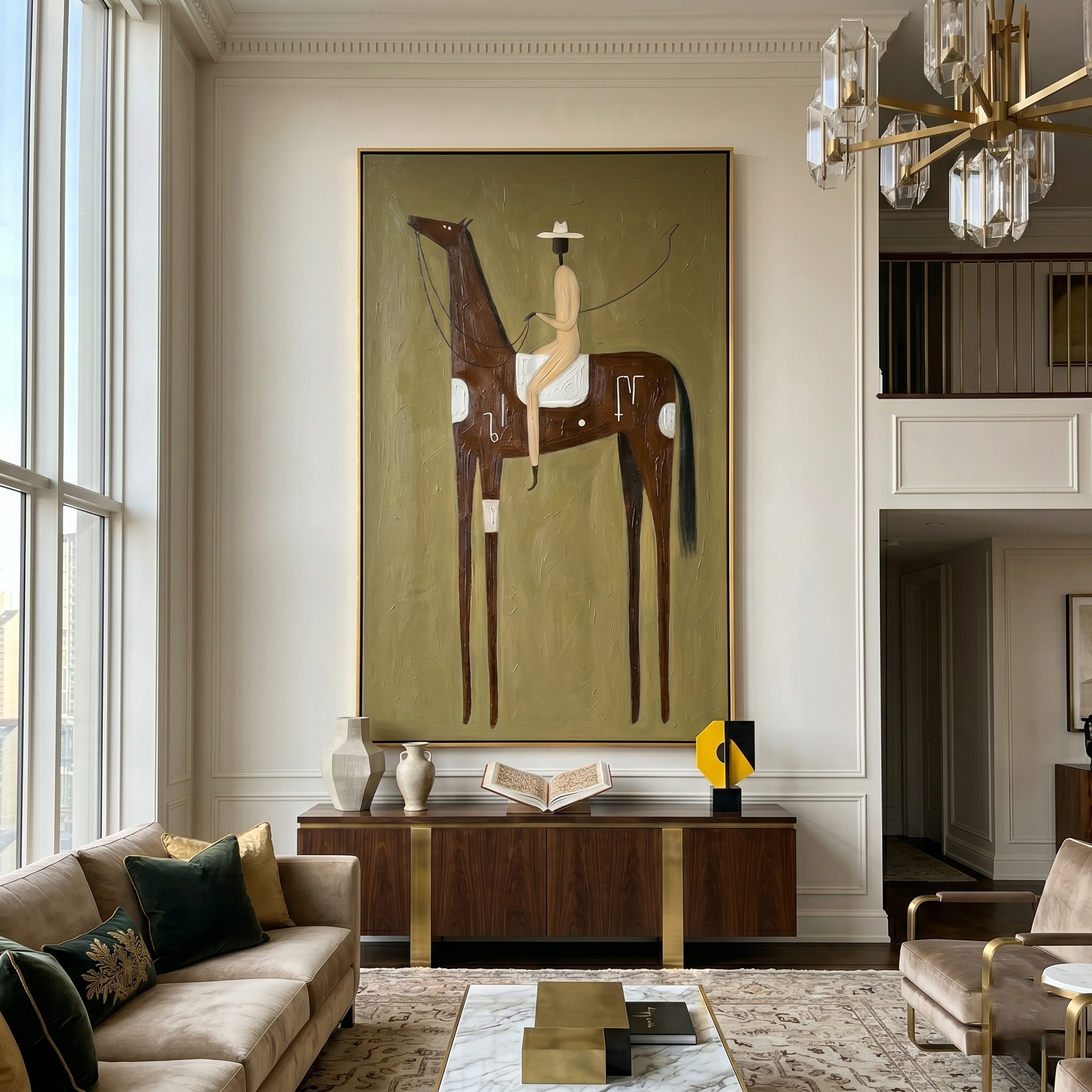 Pale Rider Counts Symbols — brown and gold modern figurative vintage americana art, set of 2 hand-painted canvas art – view 6