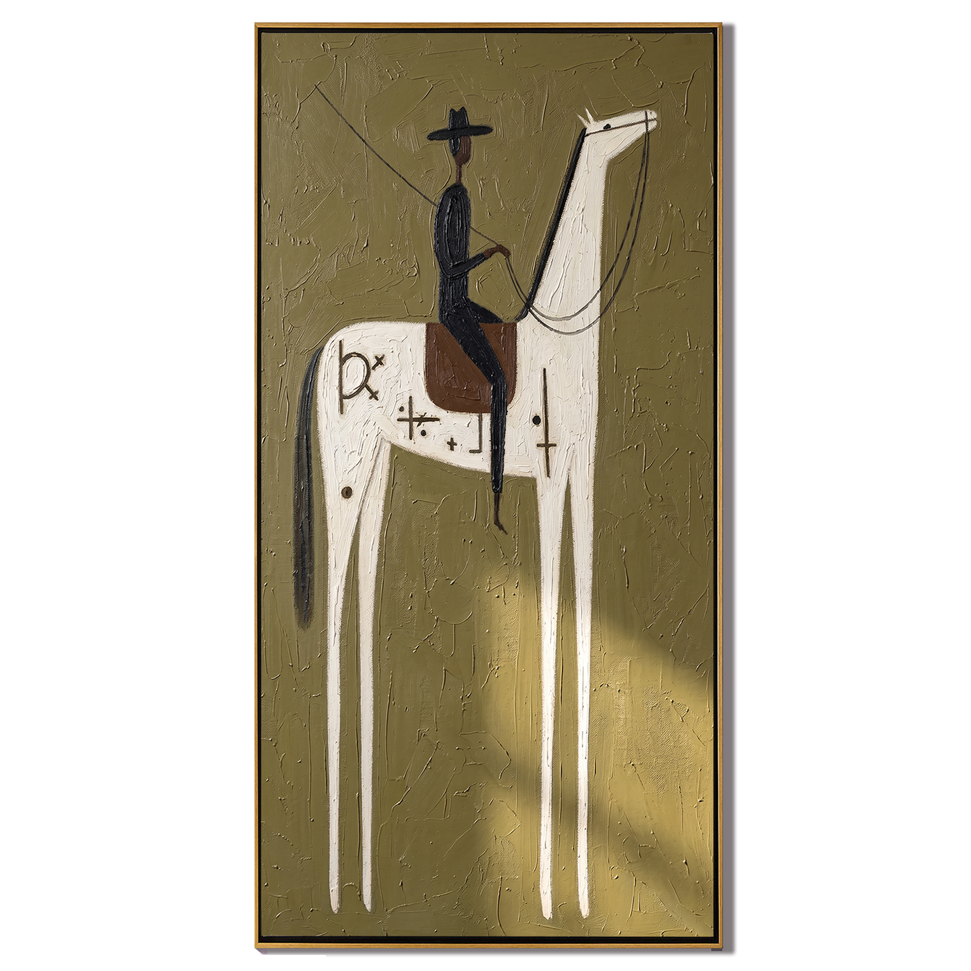 Symbols Climb White Horse — brown and gold modern figurative vintage americana art, set of 2 hand-painted canvas art – view 1