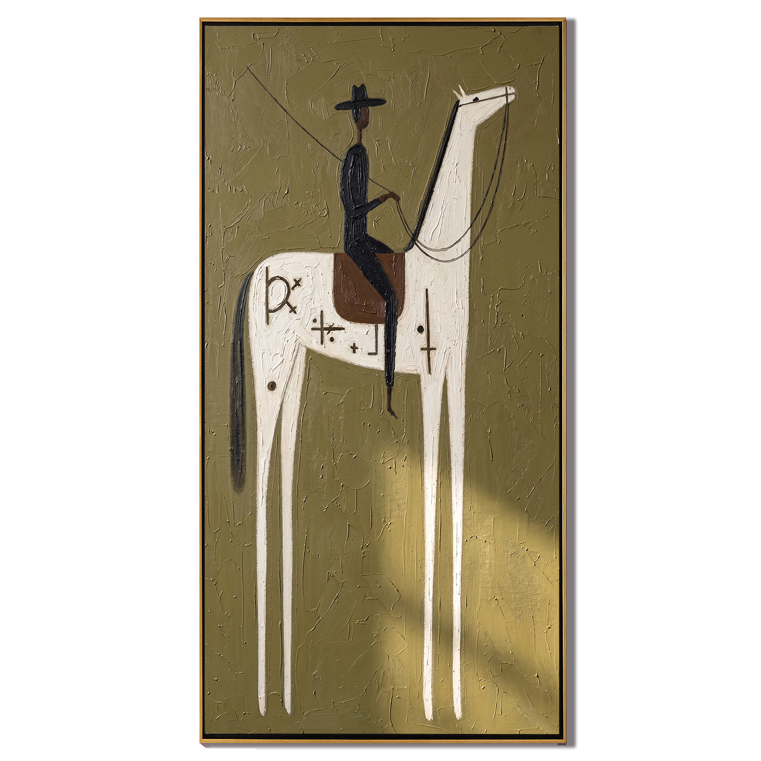 Symbols Climb White Horse — brown and gold modern figurative vintage americana art, set of 2 hand-painted canvas art – view 1