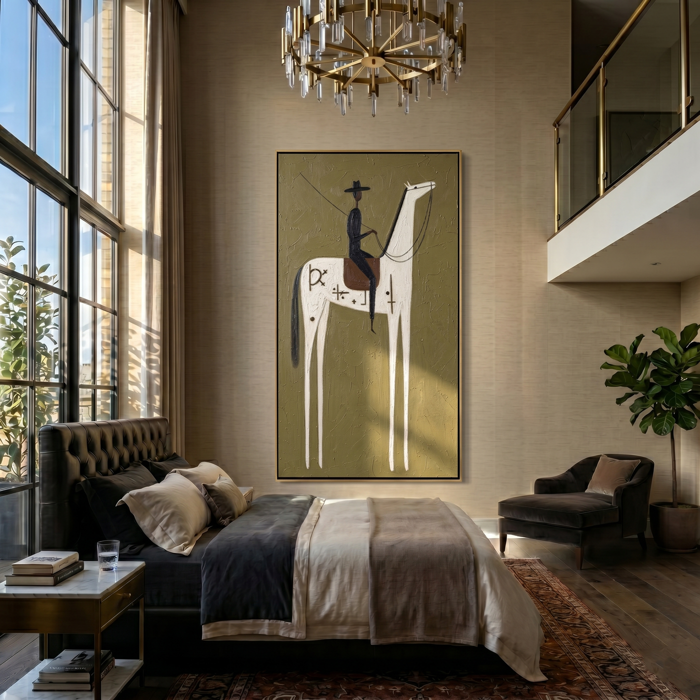 Symbols Climb White Horse — brown and gold modern figurative vintage americana art, set of 2 hand-painted canvas art – view 2