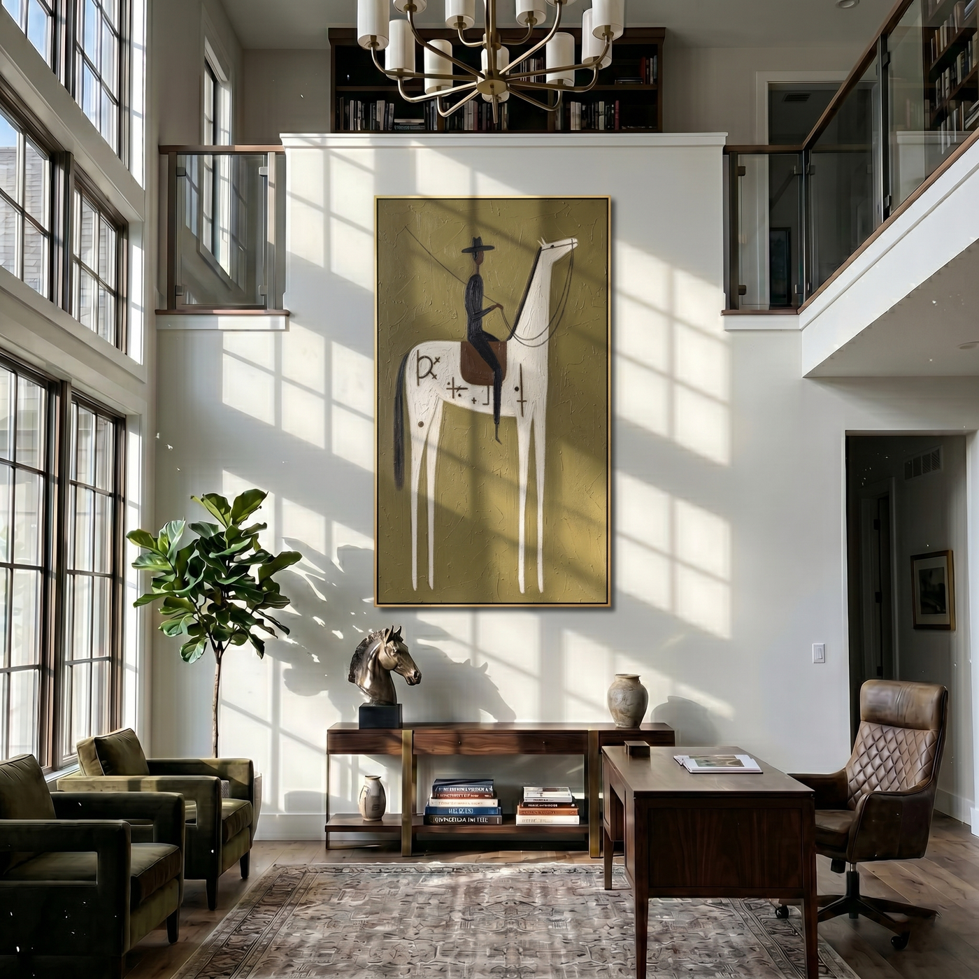 Symbols Climb White Horse — brown and gold modern figurative vintage americana art, set of 2 hand-painted canvas art – view 3