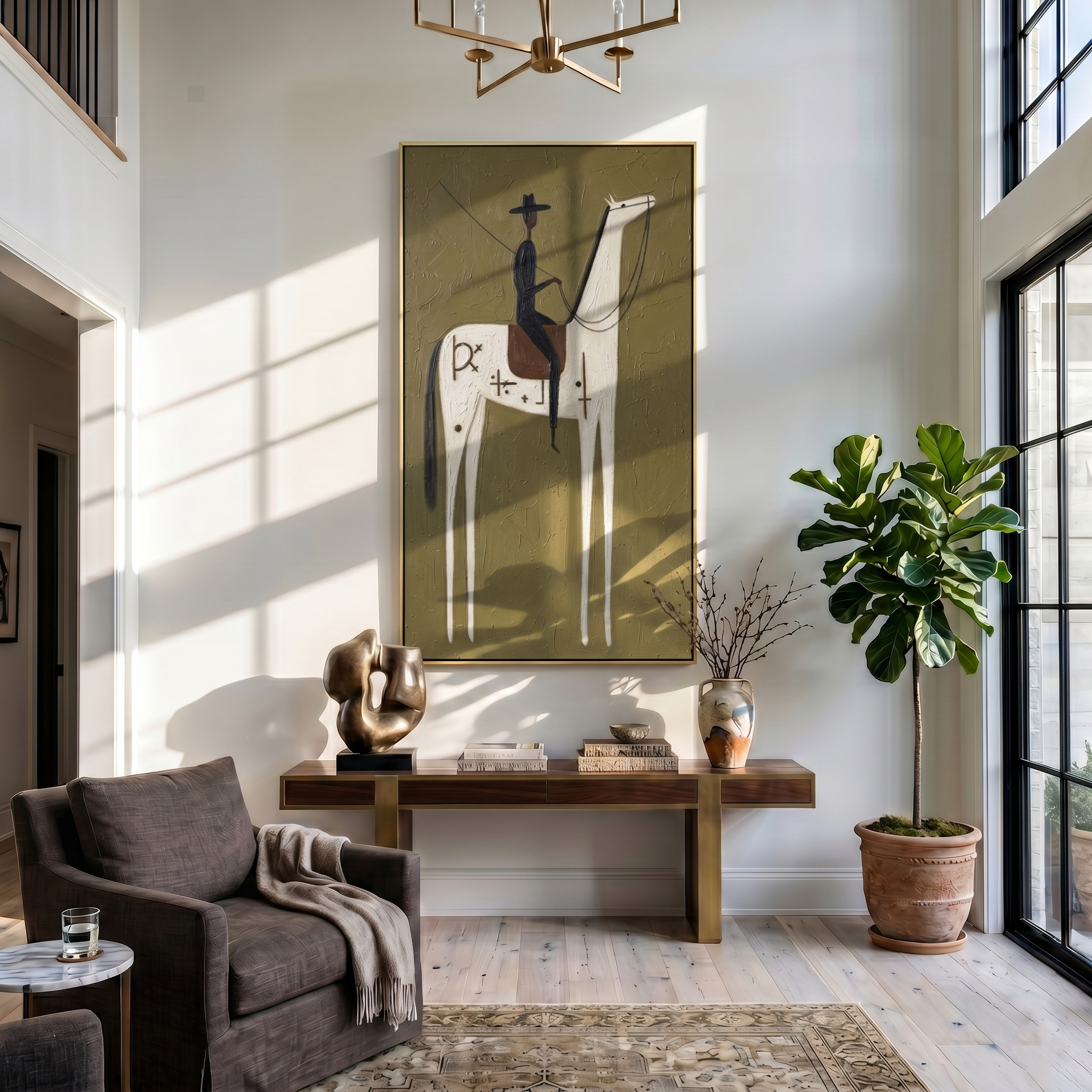 Symbols Climb White Horse — brown and gold modern figurative vintage americana art, set of 2 hand-painted canvas art – view 5