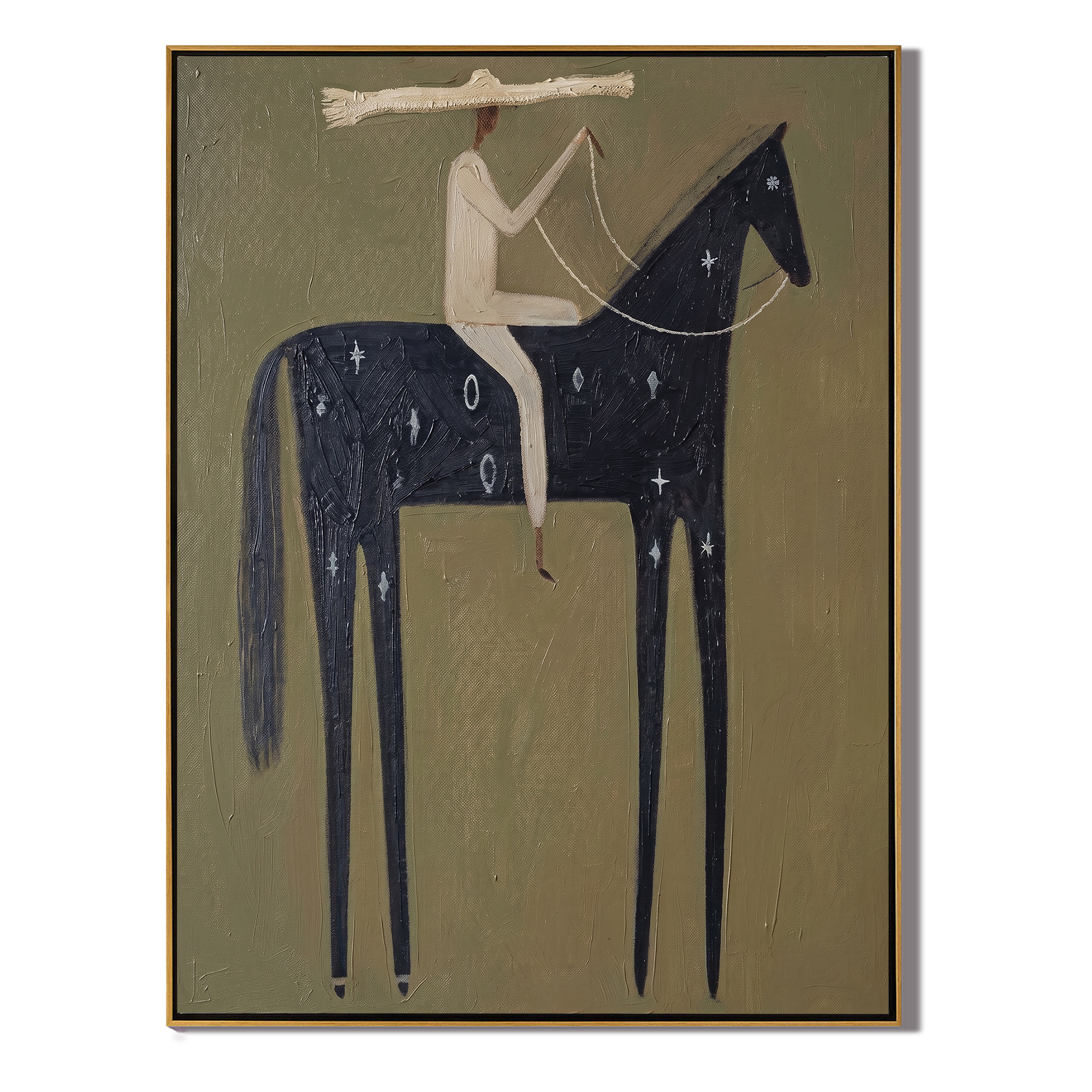Night Horse Wears Stars — brown and black modern figurative vintage americana art, set of 2 hand-painted canvas art – view 1