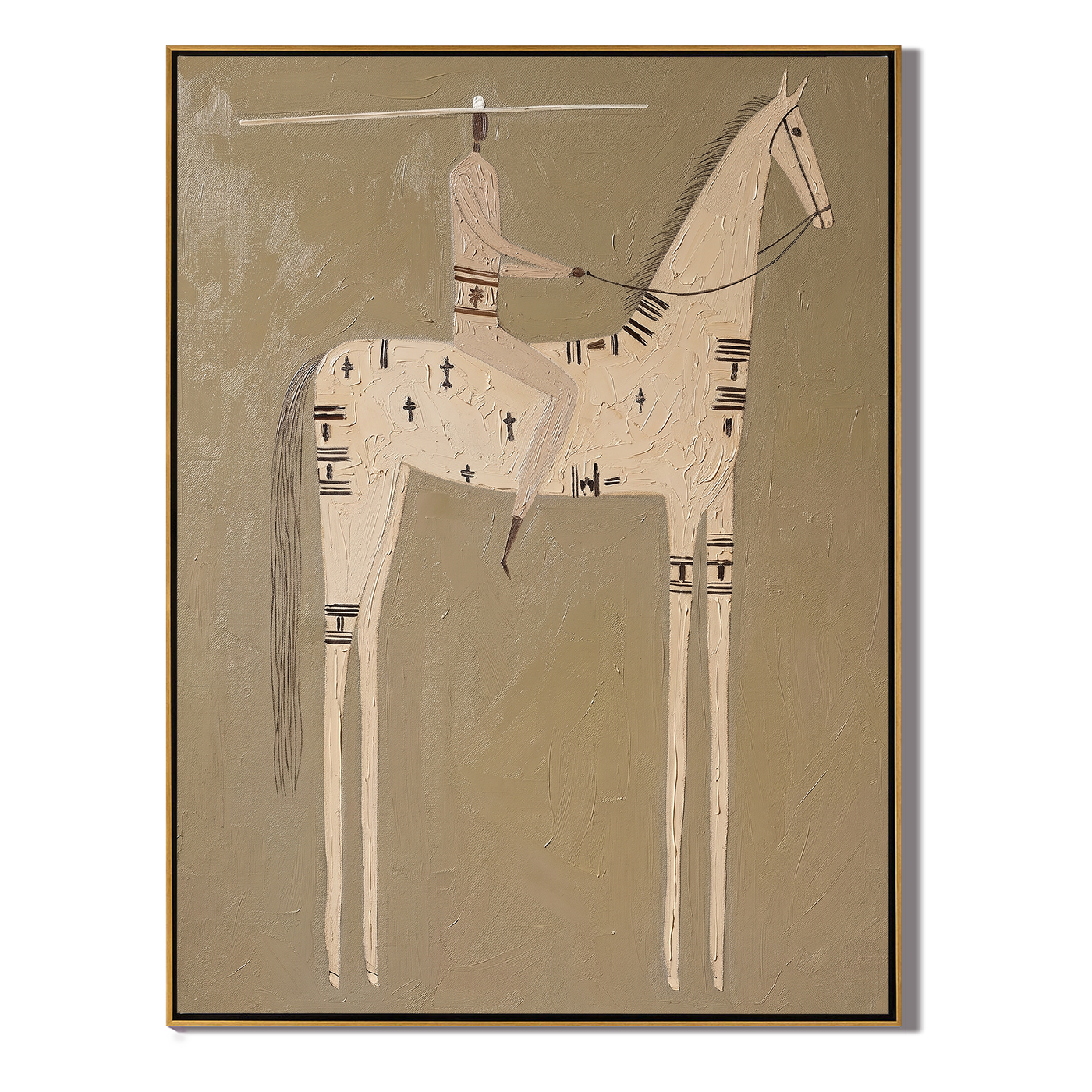 Ivory Horse Keeps Symbols — gold and brown modern figurative vintage americana art, set of 2 hand-painted canvas art – view 1