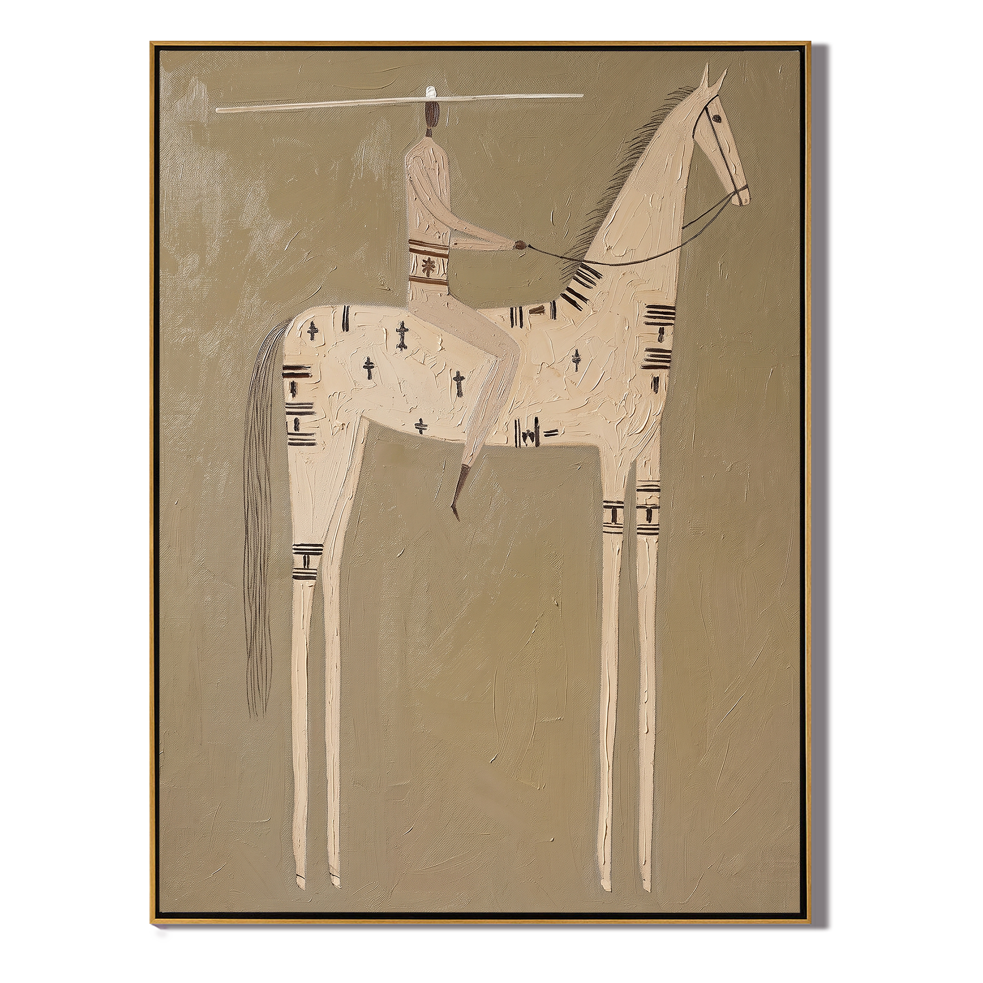 Ivory Horse Keeps Symbols — gold and brown modern figurative vintage americana art, set of 2 hand-painted canvas art – view 1