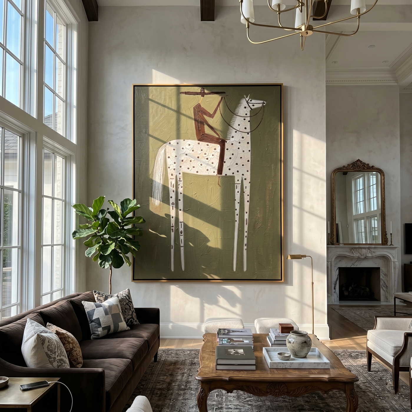 White Dots Stand Patiently — brown and gray modern figurative vintage americana art, set of 2 hand-painted canvas art – view 3