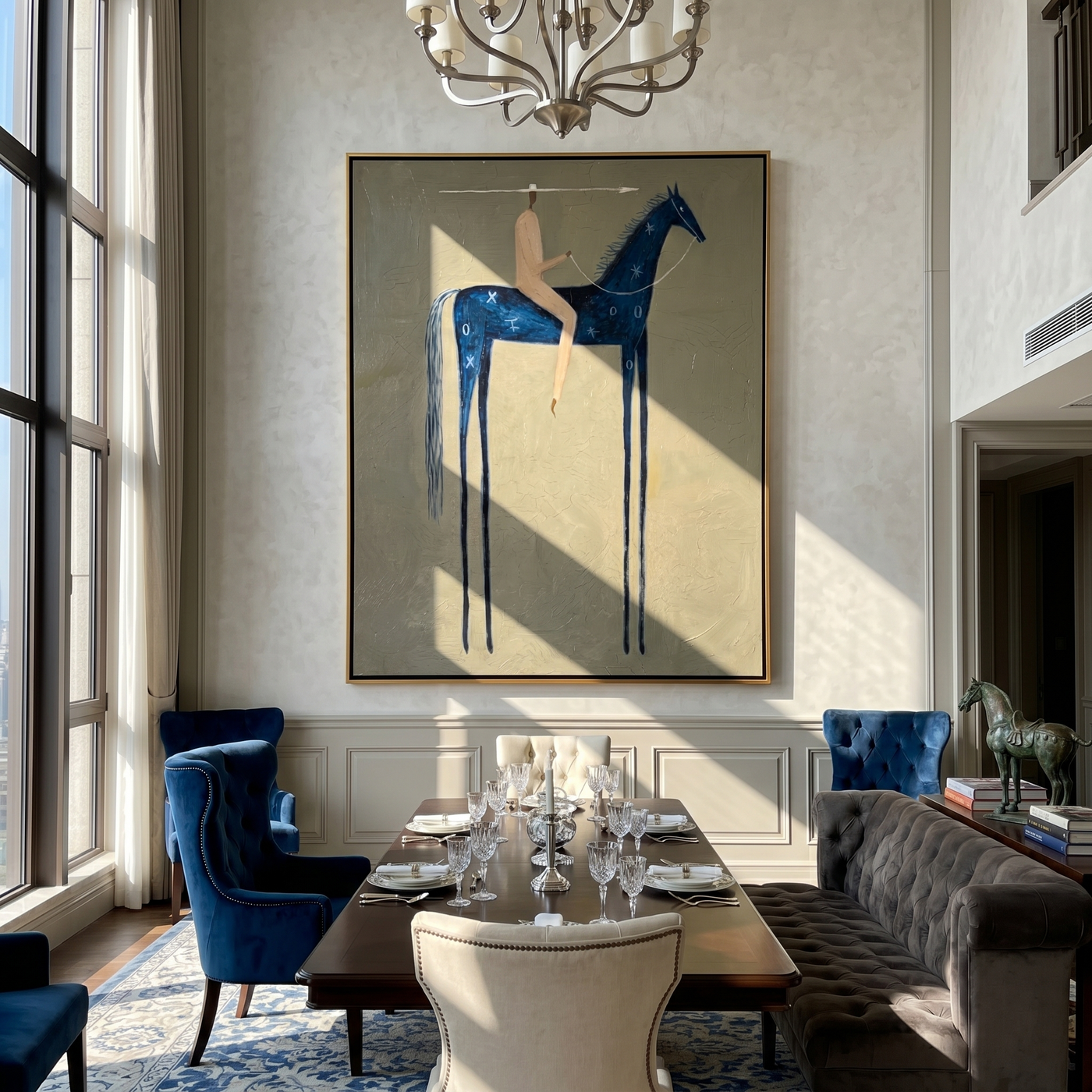 Blue Horse Counts Distance — brown and black modern figurative vintage americana art, set of 2 hand-painted canvas art – view 2