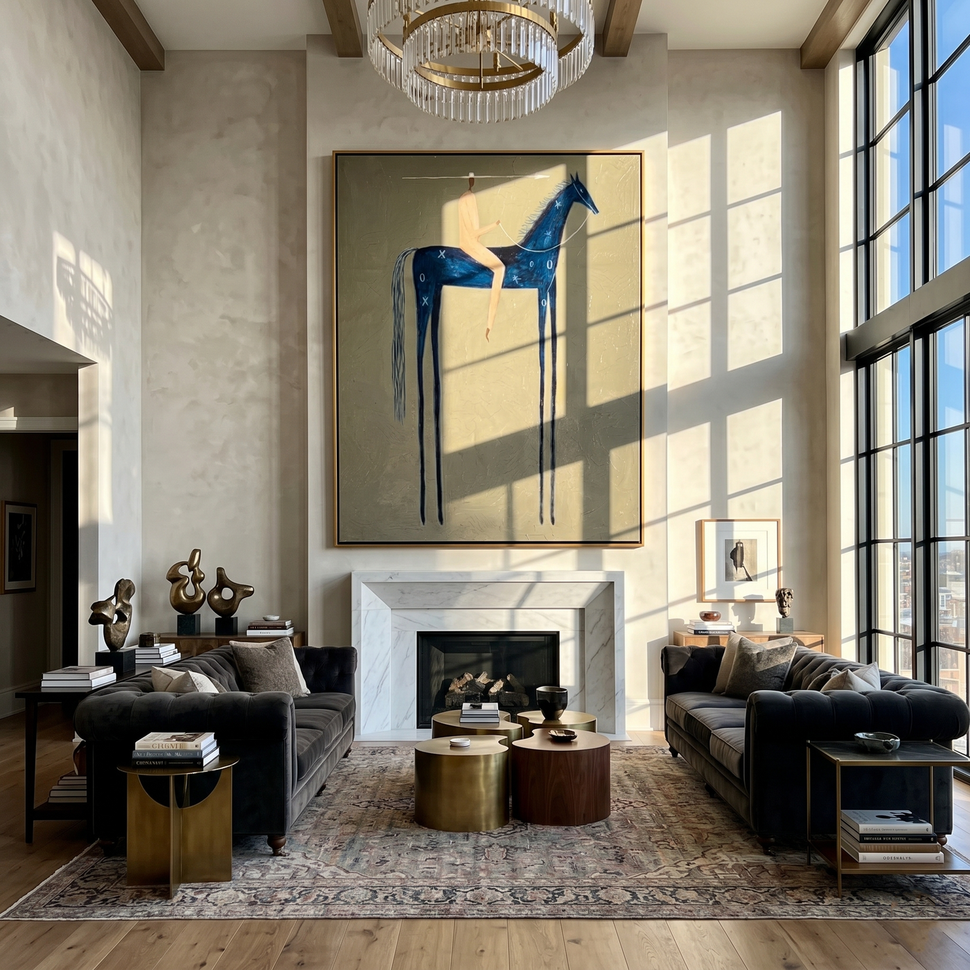 Blue Horse Counts Distance — brown and black modern figurative vintage americana art, set of 2 hand-painted canvas art – view 3