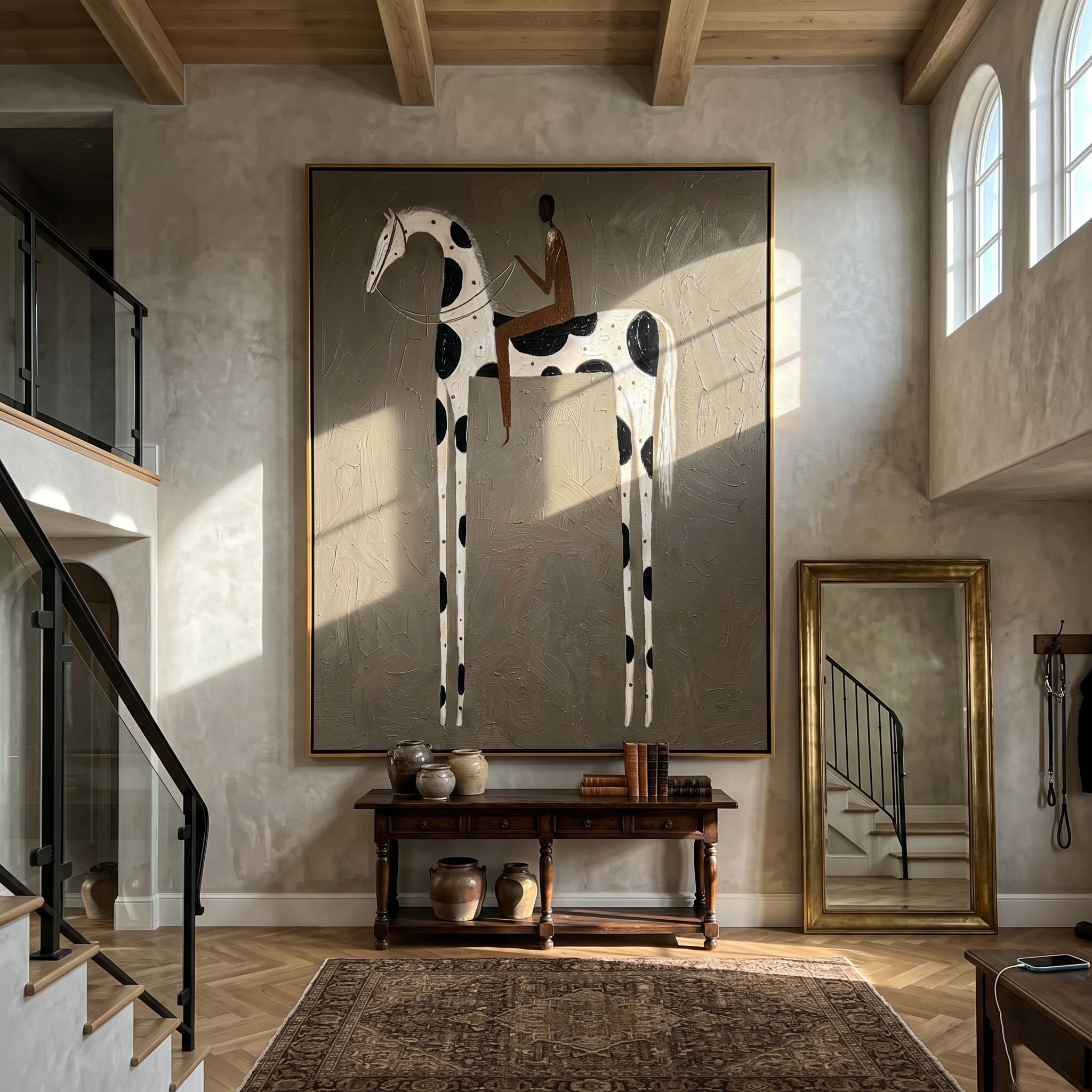 Black Spots Hold Rider — brown modern figurative vintage americana art, set of 2 hand-painted canvas art – view 6