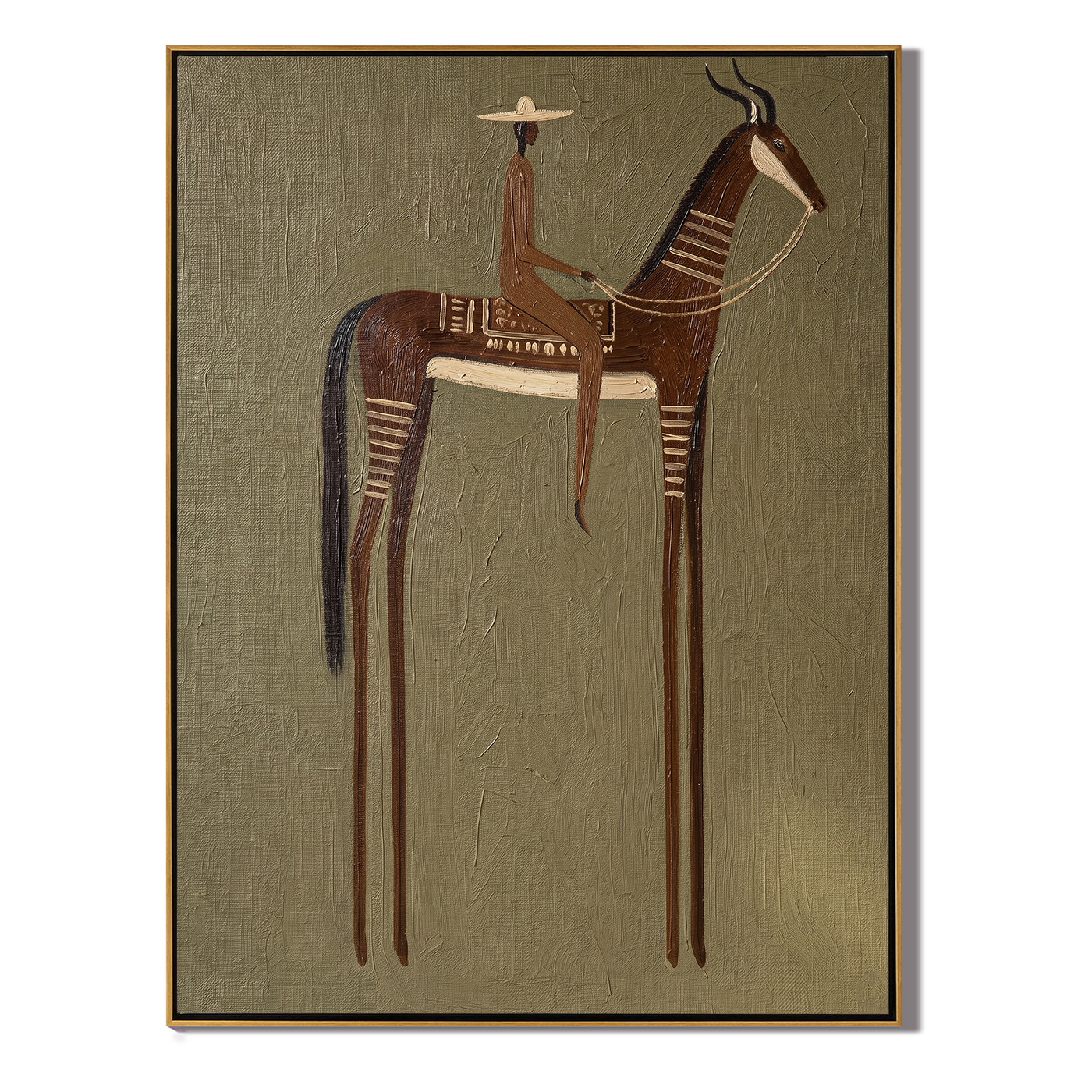 Antlers Rise Above Olive — brown modern figurative vintage americana art, set of 2 hand-painted canvas art – view 1