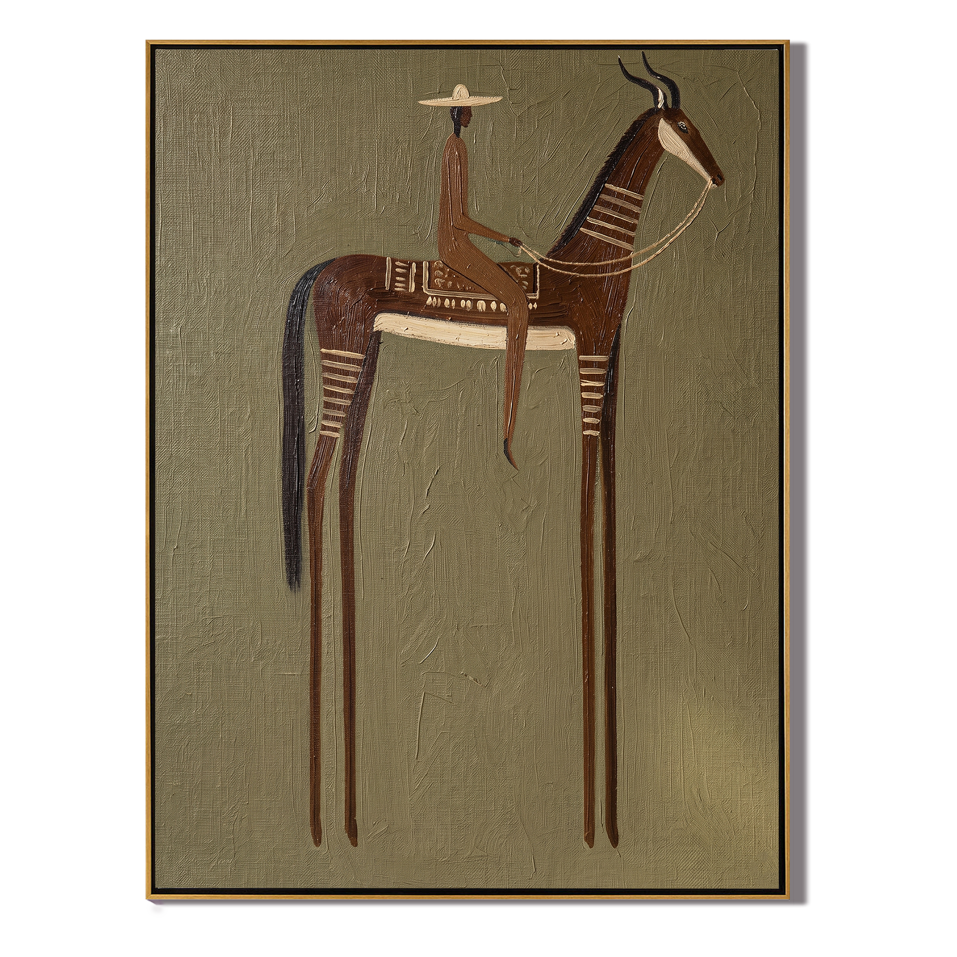 Antlers Rise Above Olive — brown modern figurative vintage americana art, set of 2 hand-painted canvas art – view 1