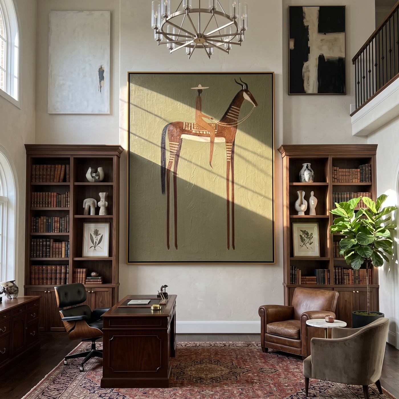 Antlers Rise Above Olive — brown modern figurative vintage americana art, set of 2 hand-painted canvas art – view 4