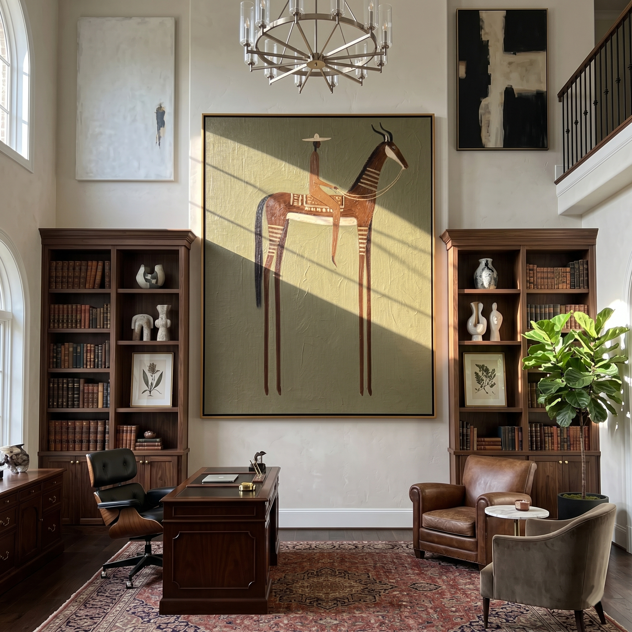 Antlers Rise Above Olive — brown modern figurative vintage americana art, set of 2 hand-painted canvas art – view 4