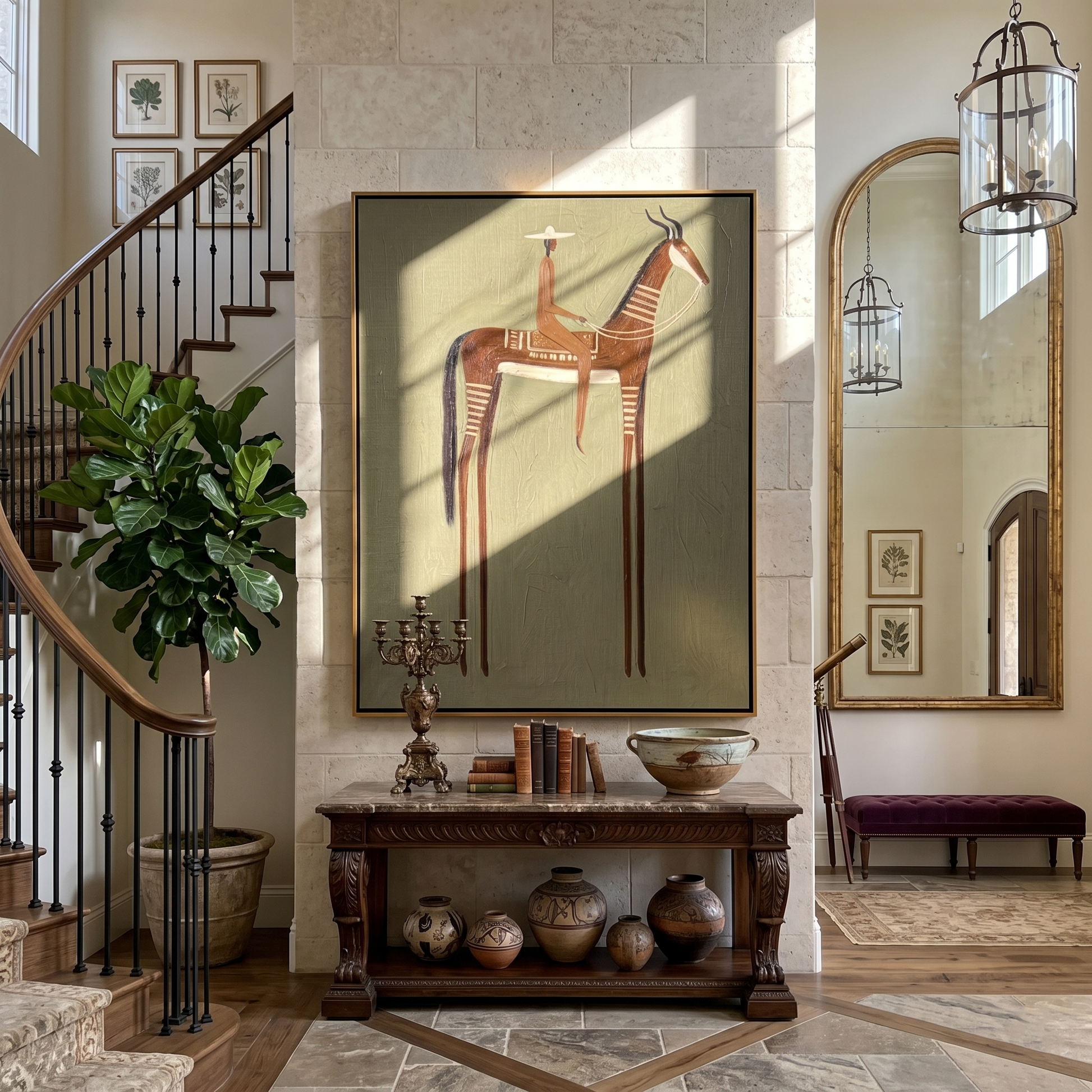 Antlers Rise Above Olive — brown modern figurative vintage americana art, set of 2 hand-painted canvas art – view 6
