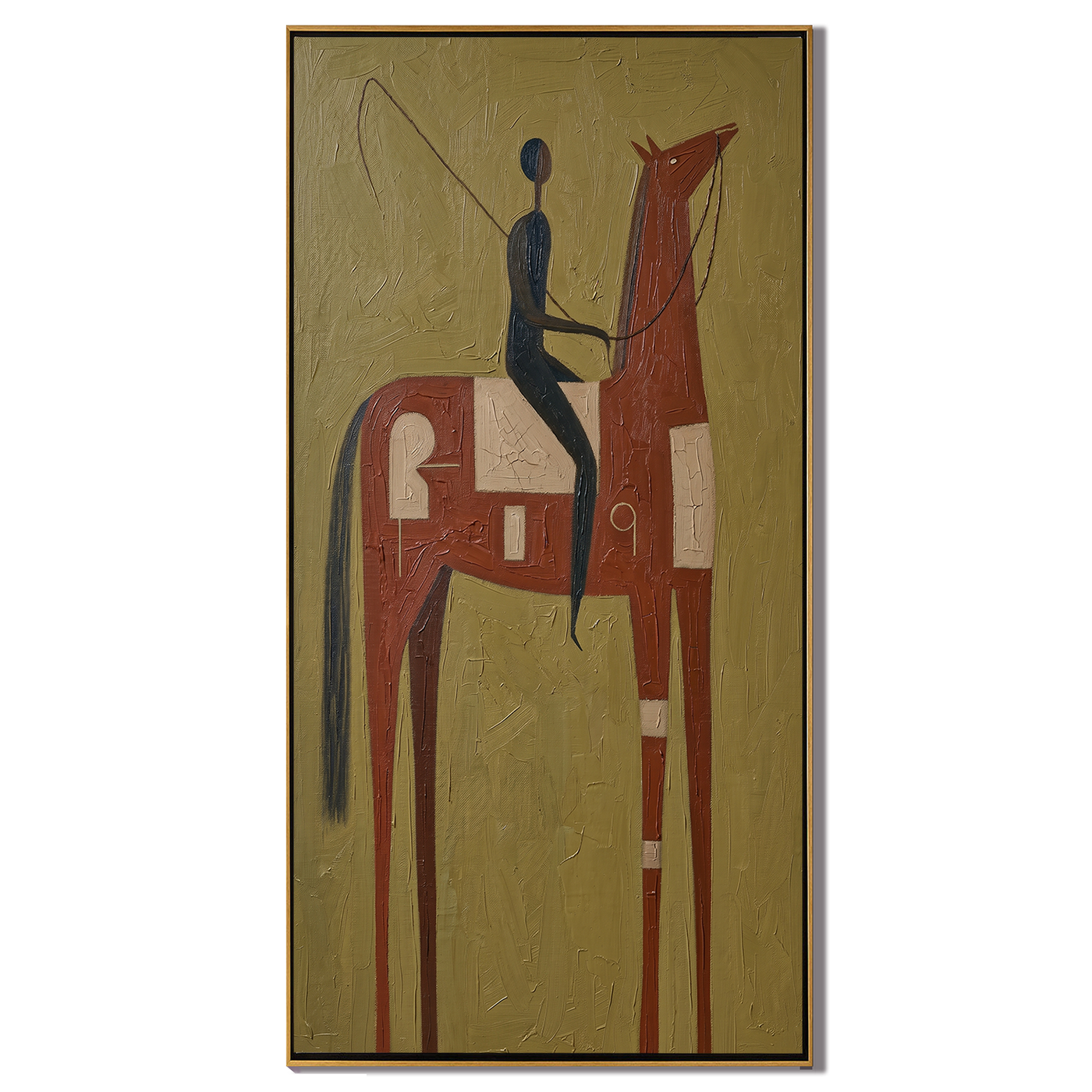 Blue Rider Meets Rust — brown modern figurative vintage americana art, set of 2 hand-painted canvas art – view 1