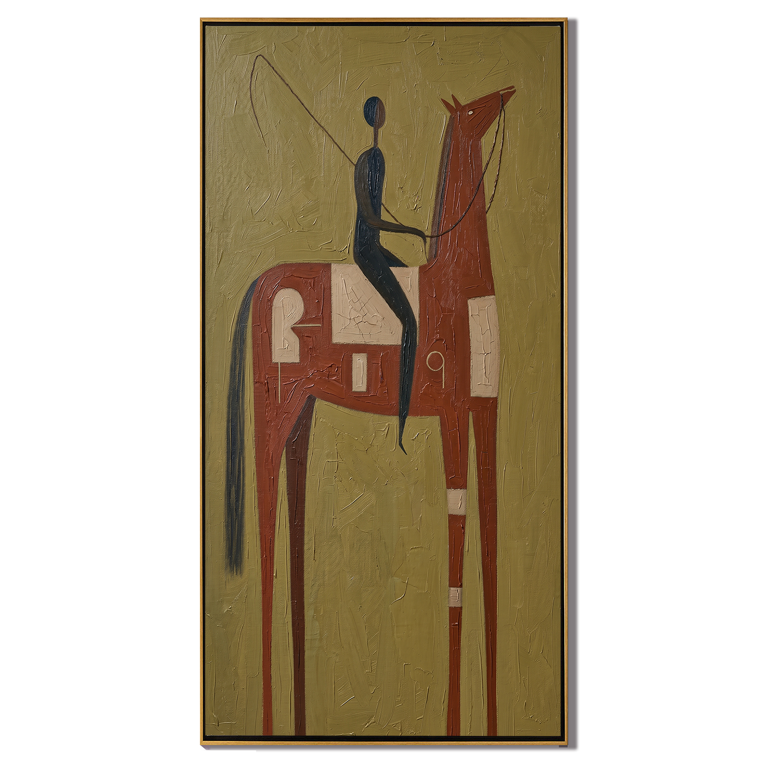 Blue Rider Meets Rust — brown modern figurative vintage americana art, set of 2 hand-painted canvas art – view 1