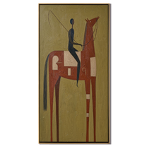 Blue Rider Meets Rust — brown modern figurative vintage americana art, set of 2 hand-painted canvas art – view 1