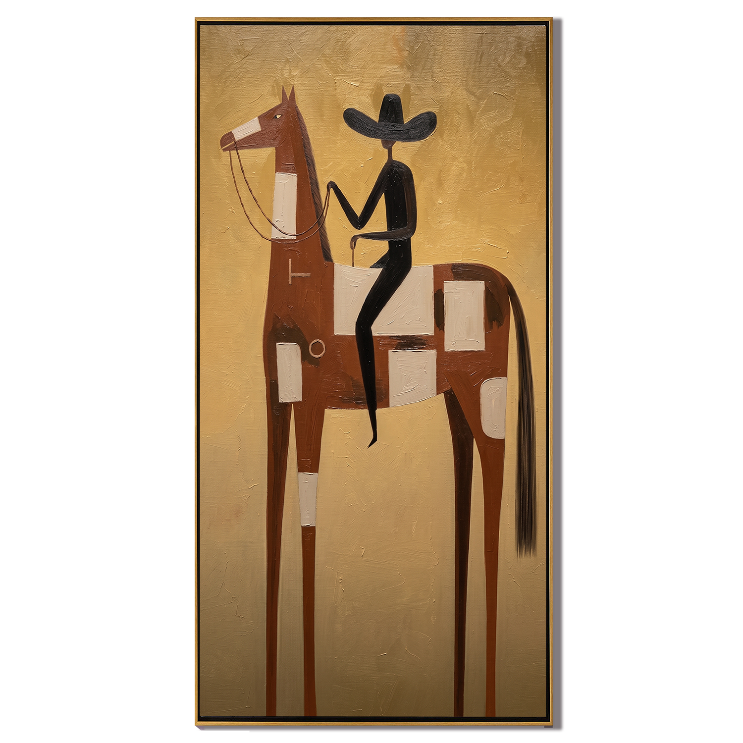 Black Hat Finds Gold — gold and brown modern figurative vintage americana art, set of 2 hand-painted canvas art – view 1