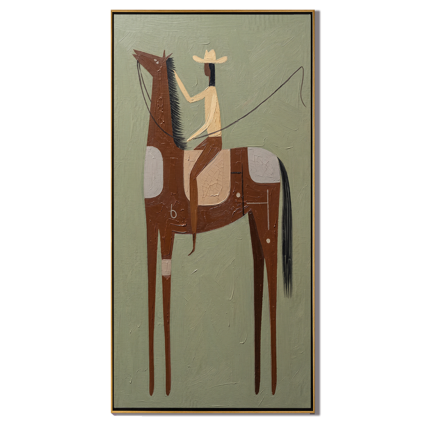 Cream Rider Splits Rust — green and gray and brown modern figurative vintage americana art, set of 2 hand-painted canvas art – view 1