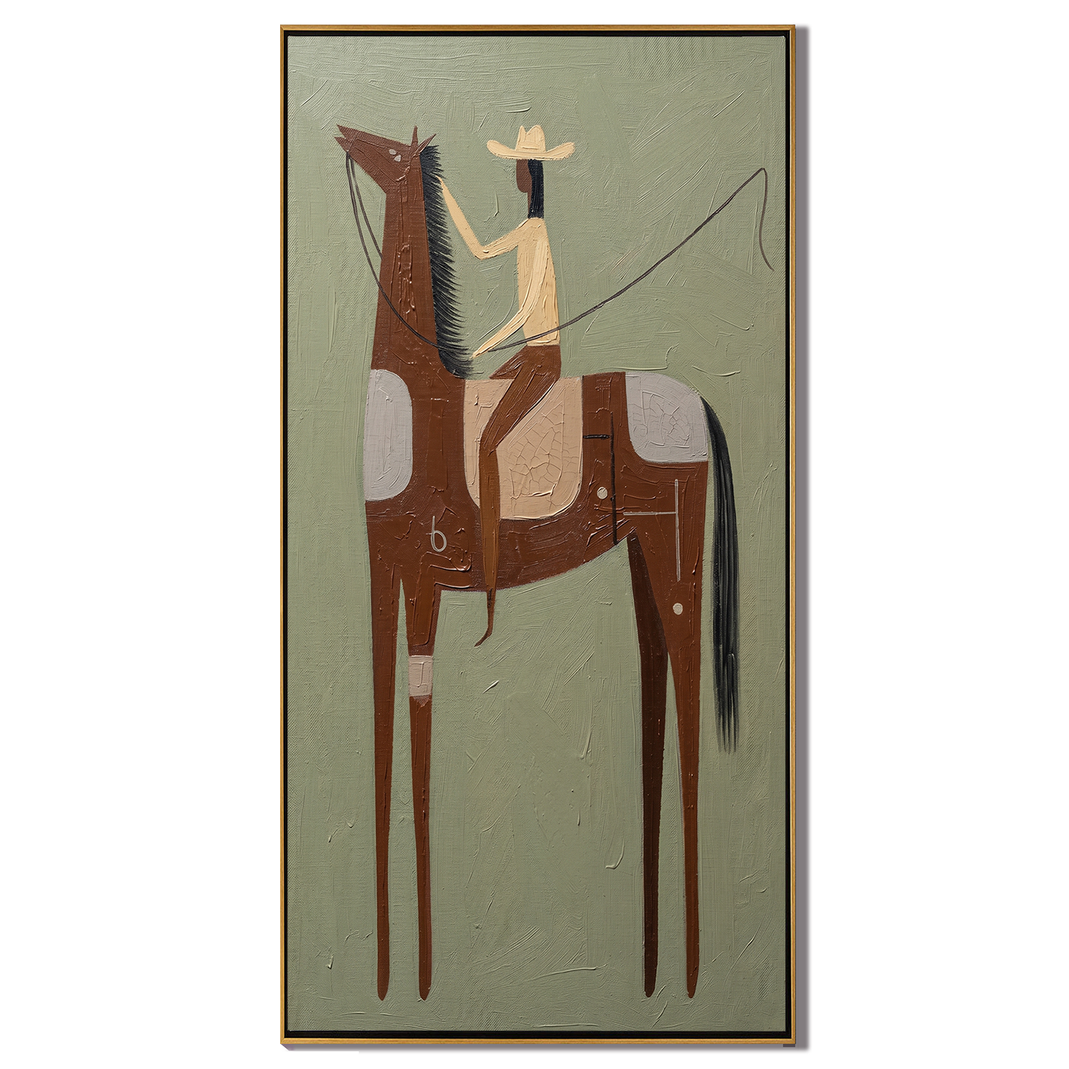Cream Rider Splits Rust — green and gray and brown modern figurative vintage americana art, set of 2 hand-painted canvas art – view 1