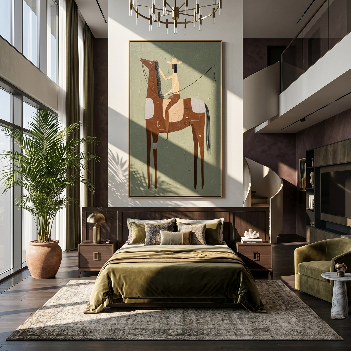 Cream Rider Splits Rust — green and gray and brown modern figurative vintage americana art, set of 2 hand-painted canvas art – view 2