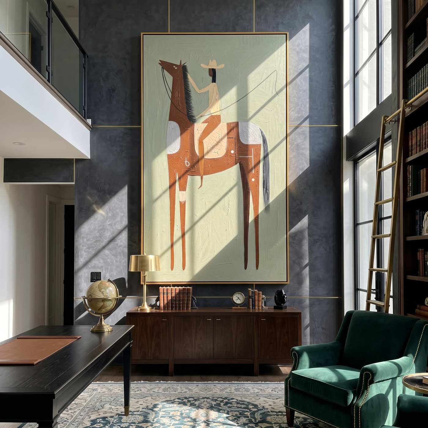Cream Rider Splits Rust — green and gray and brown modern figurative vintage americana art, set of 2 hand-painted canvas art – view 3