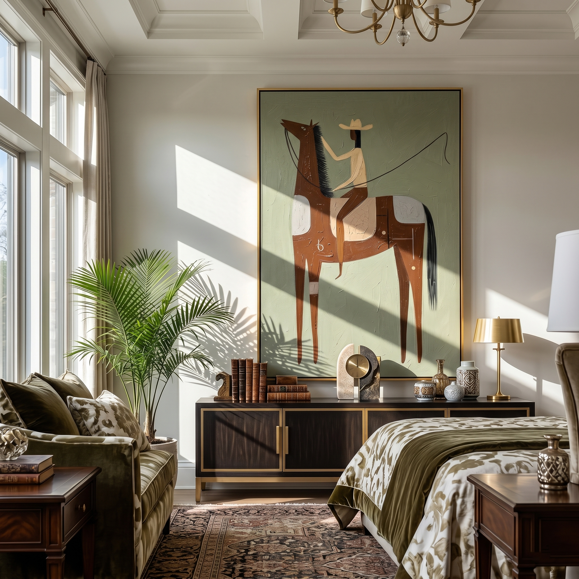 Cream Rider Splits Rust — green and gray and brown modern figurative vintage americana art, set of 2 hand-painted canvas art – view 6