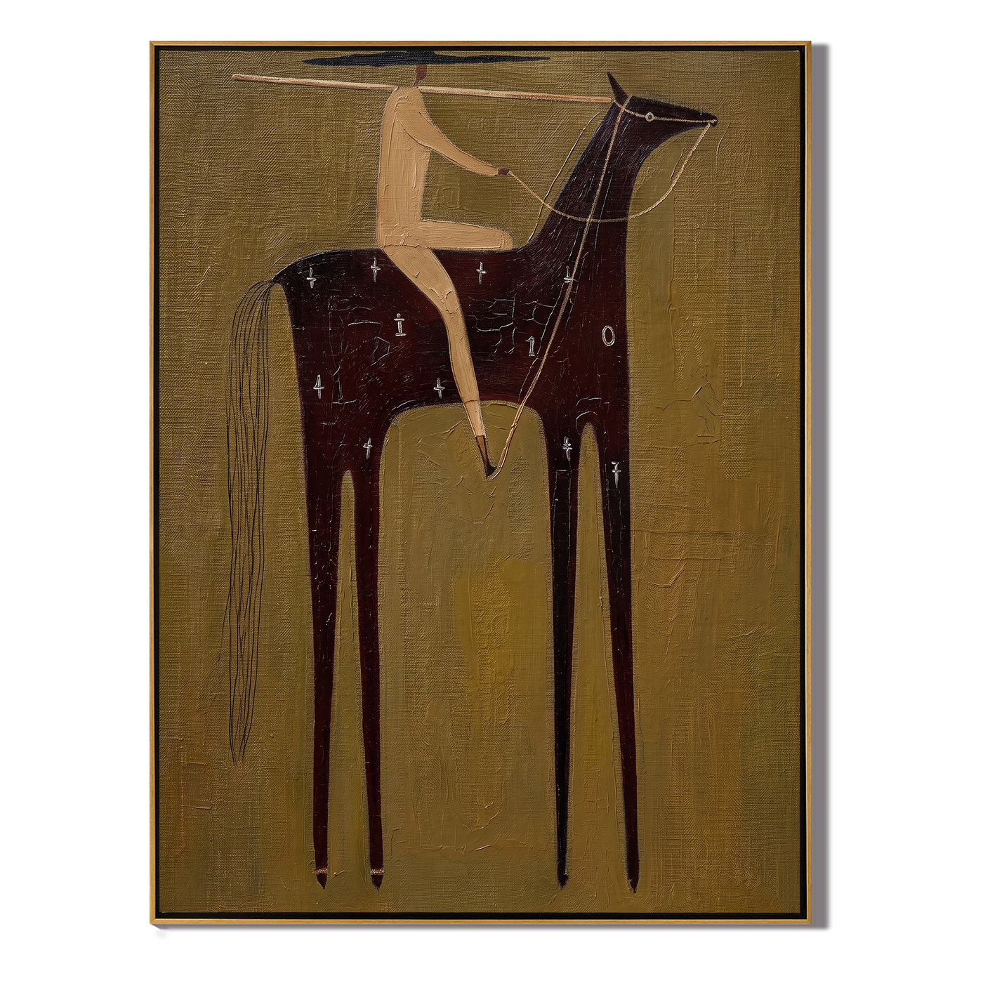 Sand Rider Crosses Night — brown and black modern figurative vintage americana art, set of 2 hand-painted canvas art – view 1
