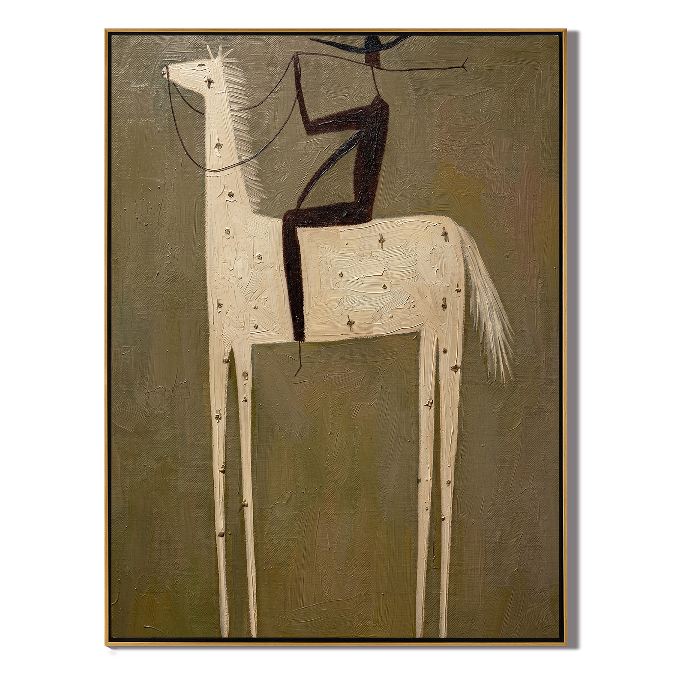 Black Rider Holds White — brown and gold modern figurative vintage americana art, set of 2 hand-painted canvas art – view 1