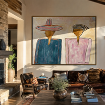 Two Silhouettes Hold Space – blue and pink two-figure painting, modern figurative horizontal wall art – view 2