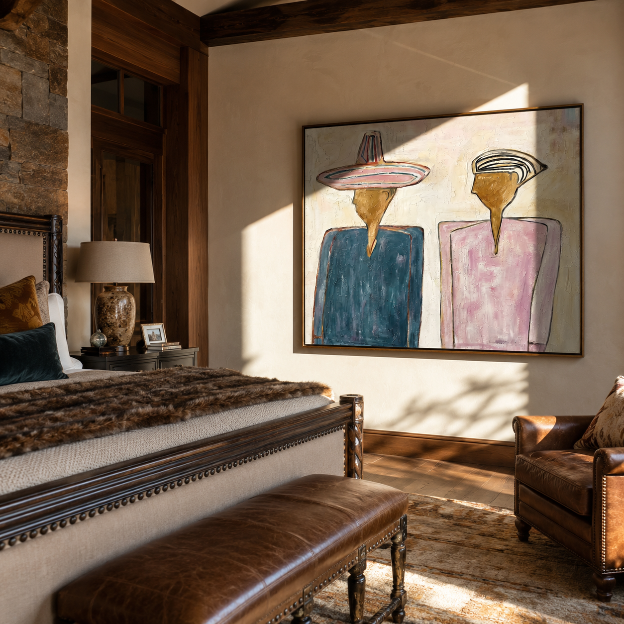 Two Silhouettes Hold Space – blue and pink two-figure painting, modern figurative horizontal wall art – view 3