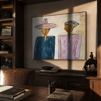 Two Silhouettes Hold Space – blue and pink two-figure painting, modern figurative horizontal wall art – view 4