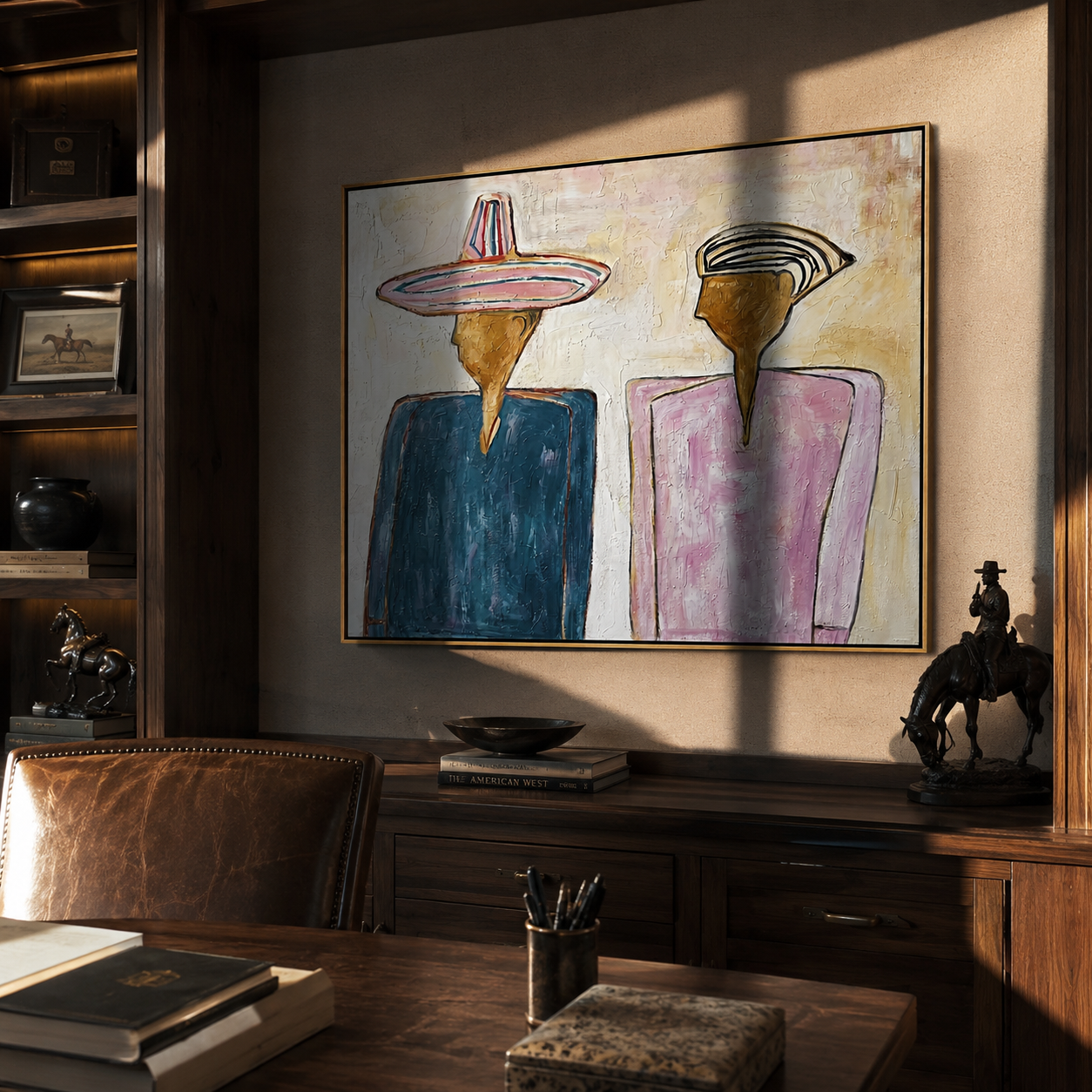 Two Silhouettes Hold Space – blue and pink two-figure painting, modern figurative horizontal wall art – view 4