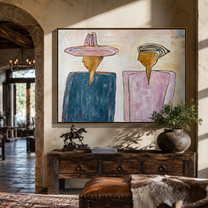 Two Silhouettes Hold Space – blue and pink two-figure painting, modern figurative horizontal wall art – view 5