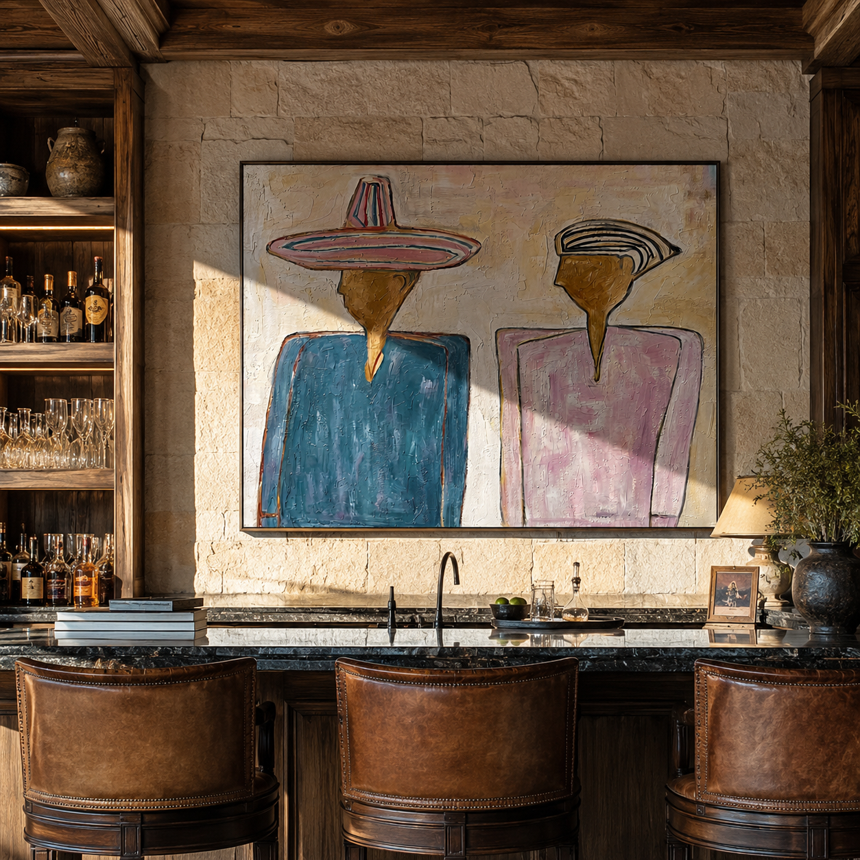 Two Silhouettes Hold Space – blue and pink two-figure painting, modern figurative horizontal wall art – view 6